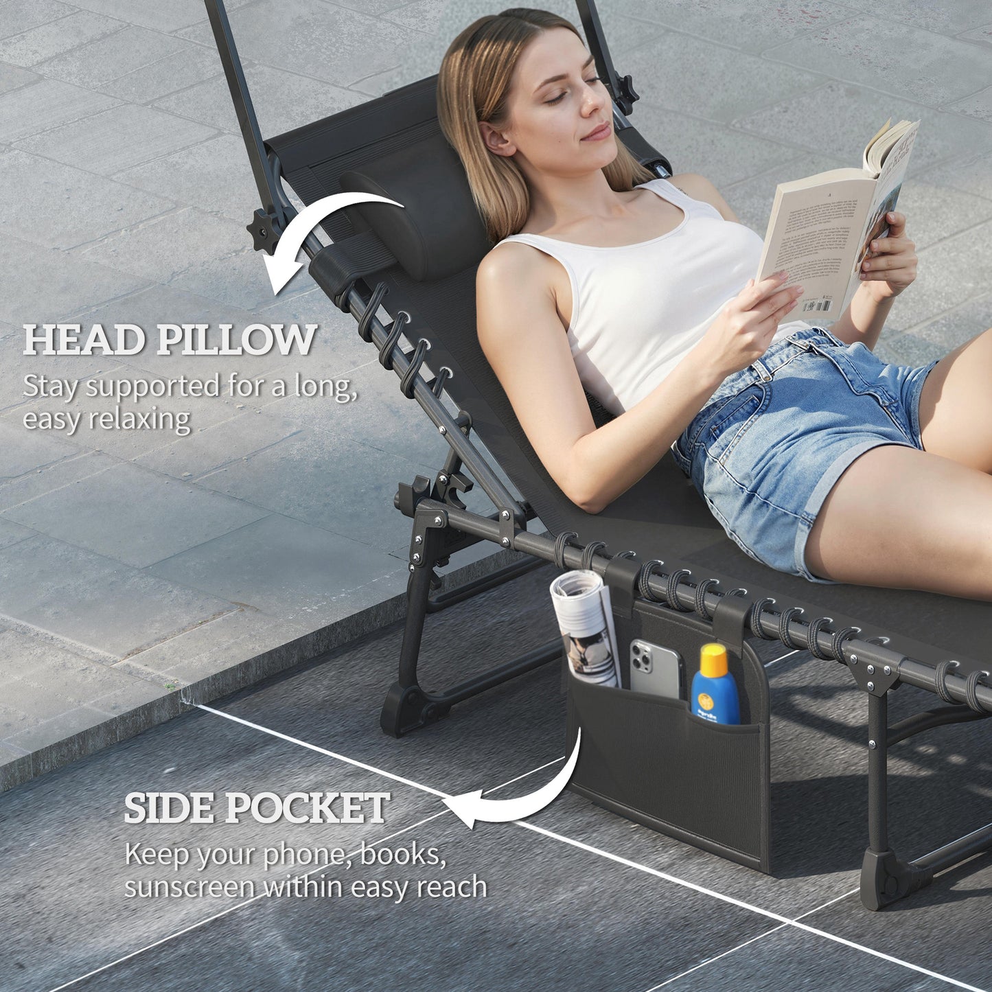 Folding Sun Loungers Set of 2, Sun Bed with Canopy, Light Grey