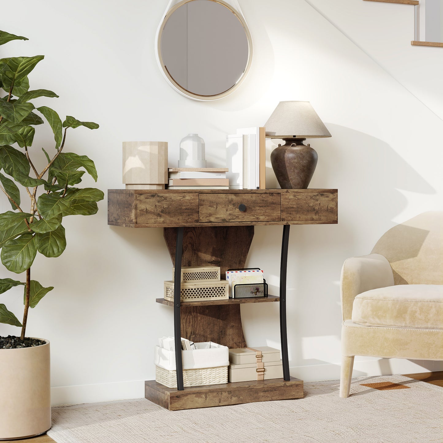 Console Table Hallway Table with Storage Shelves, Rustic Brown
