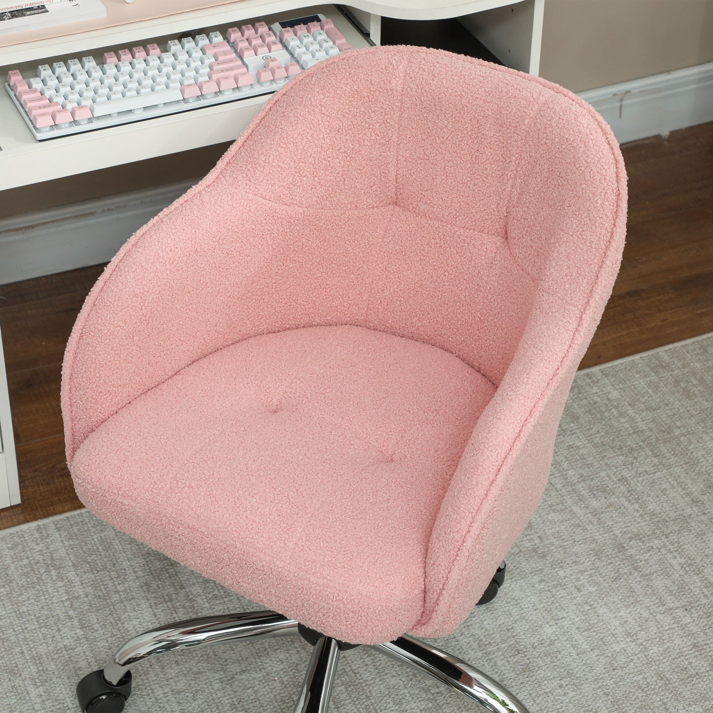 Fluffy Vanity Chair for Desk, with Height Adjustable, Wheels, Pink