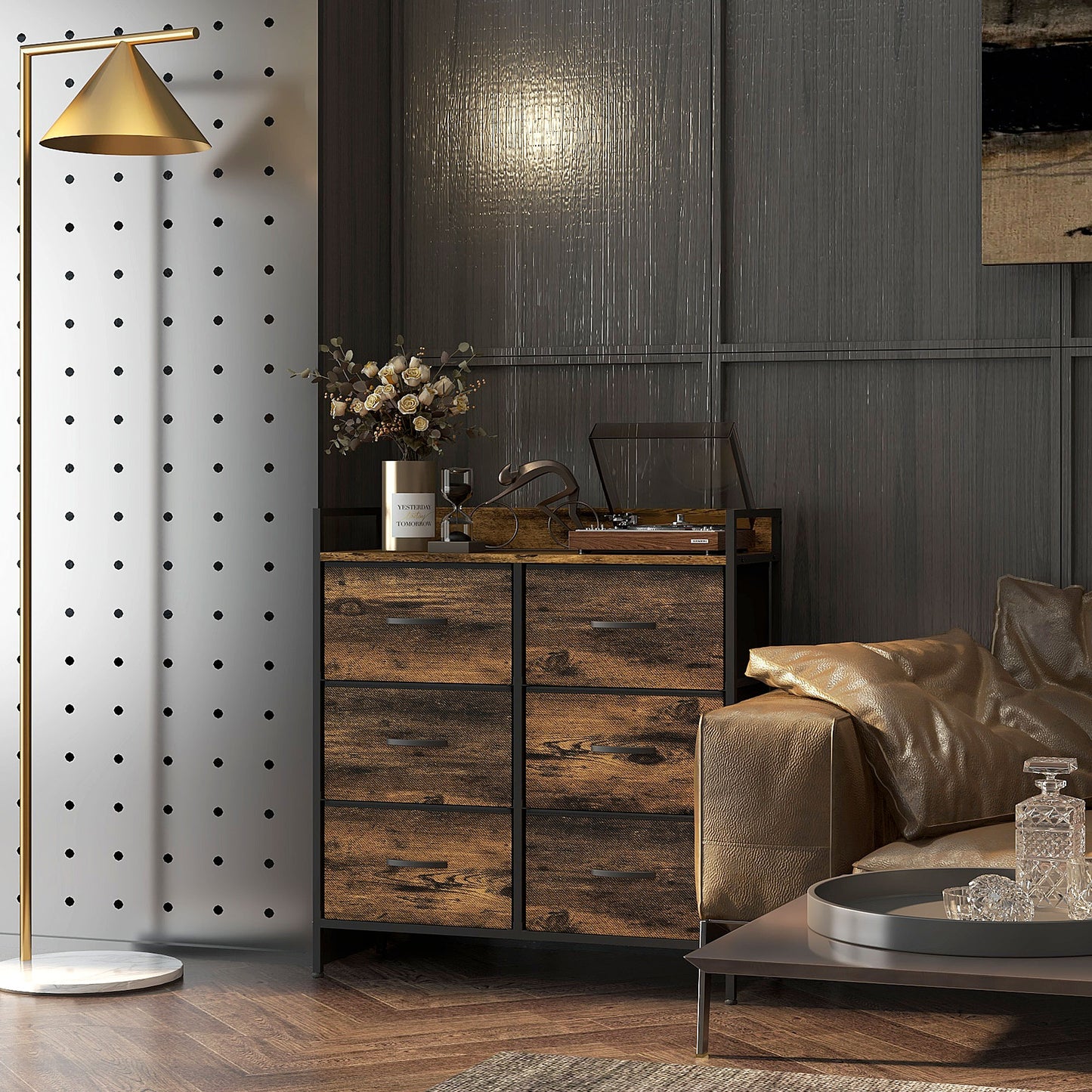 Bedroom Chest of Drawers 6 Drawer Dresser w/ Shelf, Rustic Brown