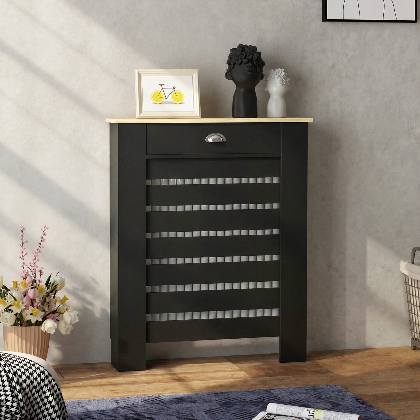 Radiator Cover with Drawer, Horizontal Slat, 78cm, Black