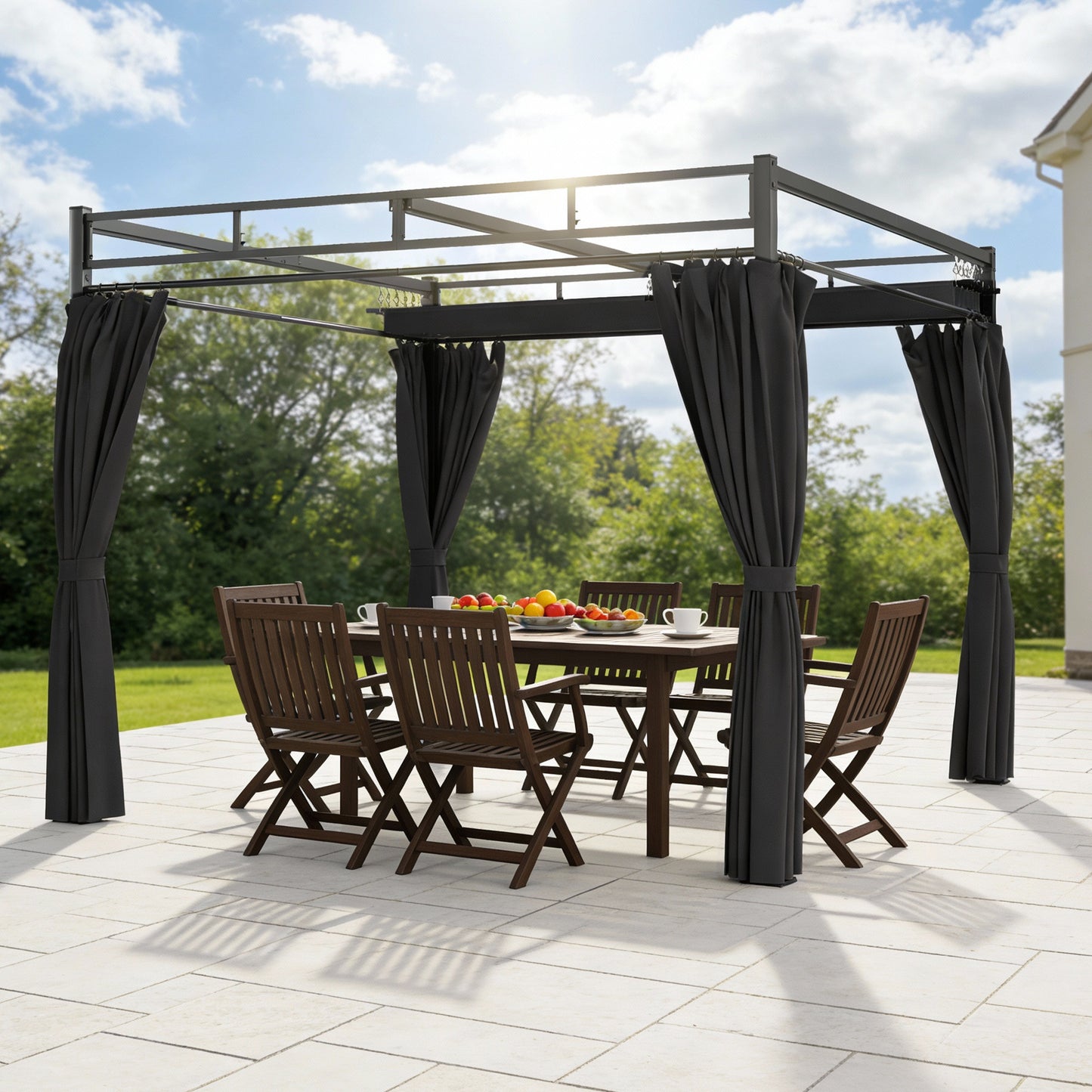 3 x 3 m Garden Pergola with Retractable Canopy, Curtains, Dark Grey