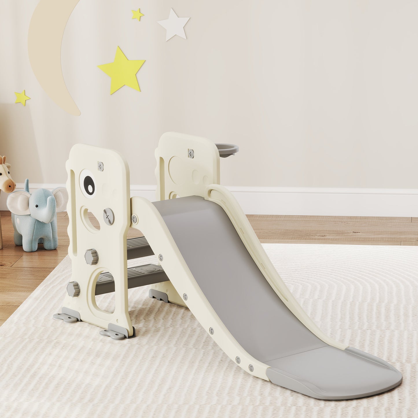 Foldable Kids Slide with Climber, Basketball Hoop, Cream White