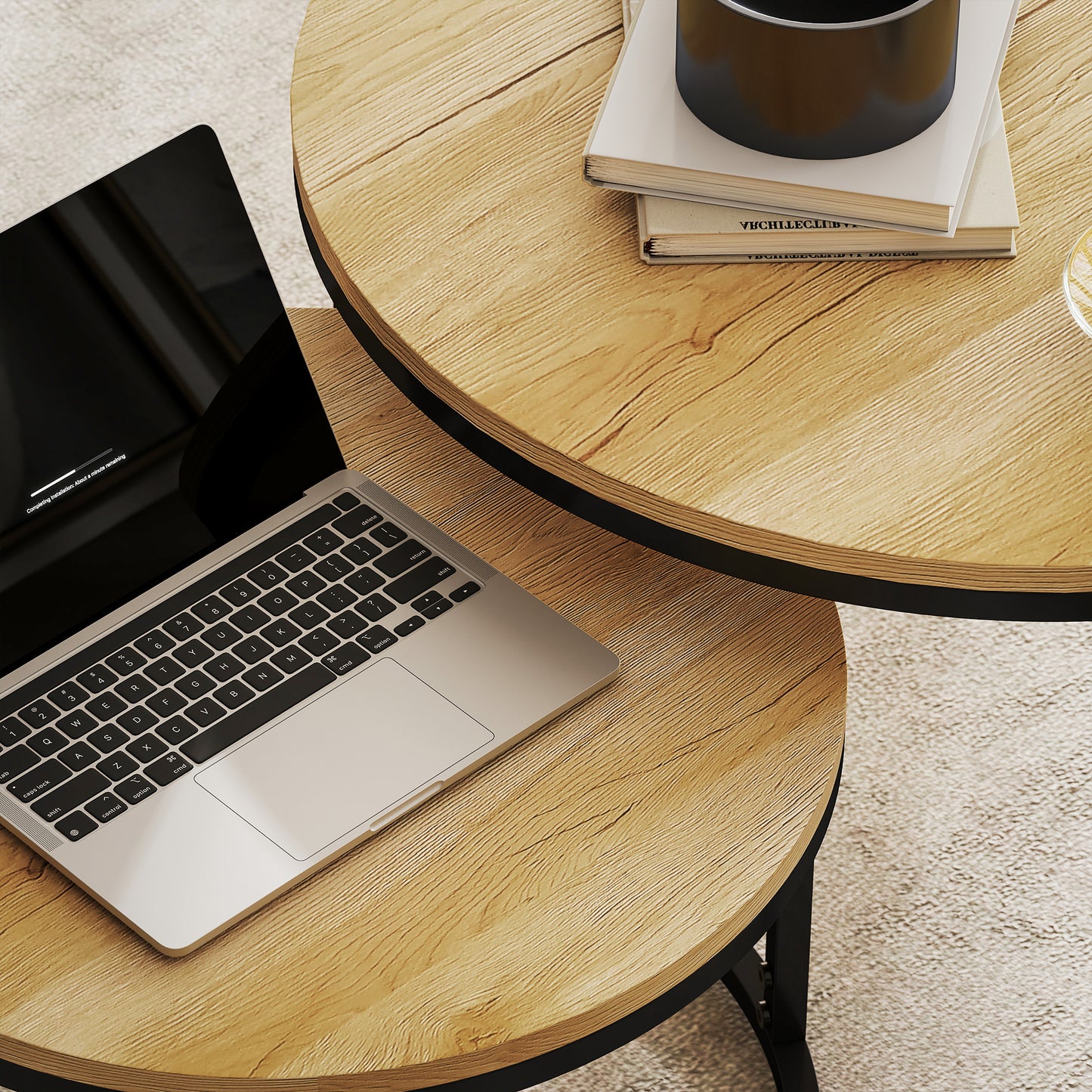 2 Pcs Stacking Coffee Table Set with Steel Frame, Natural