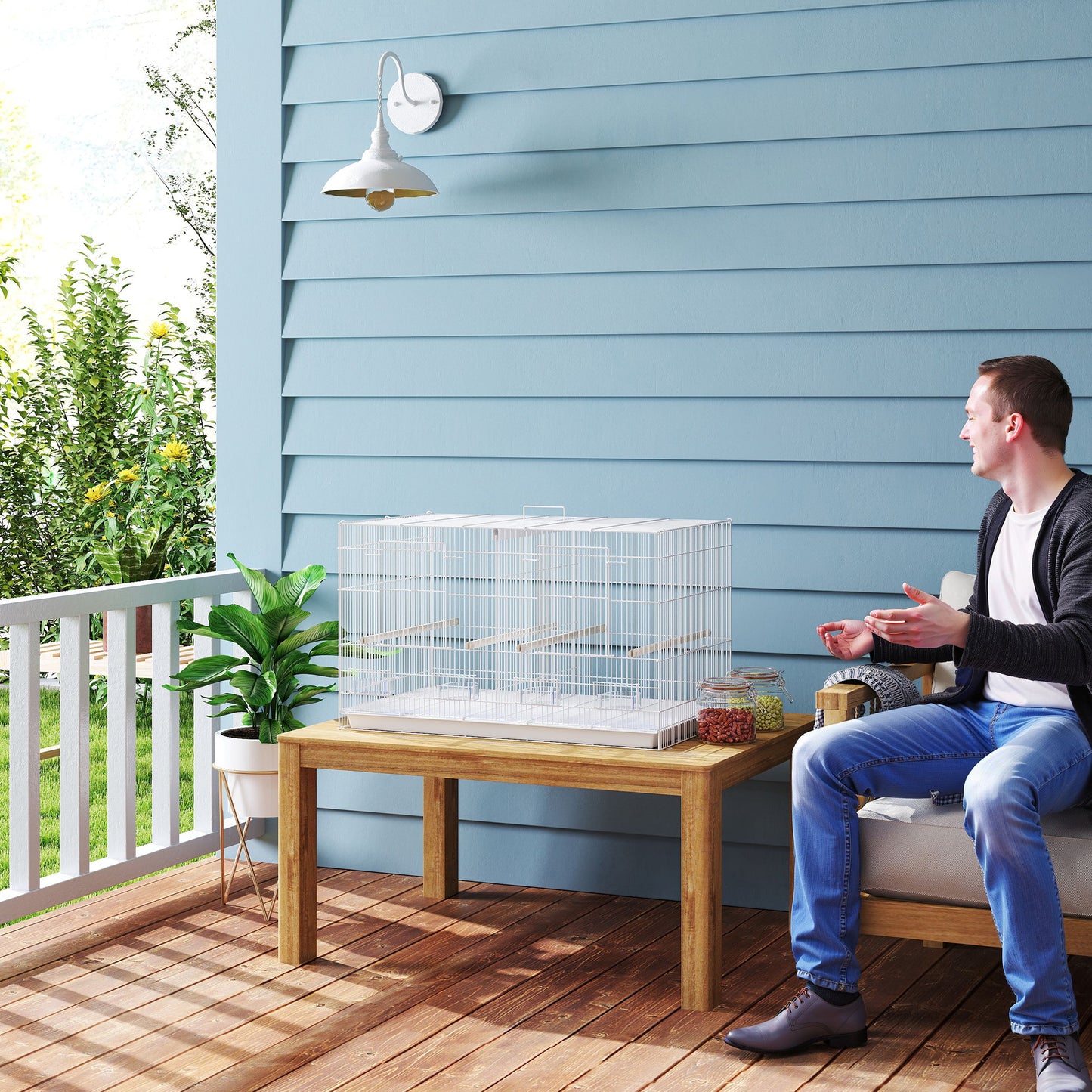 Bird Cage with Divider, 4 Wooden Perches, Slide Out Tray, White