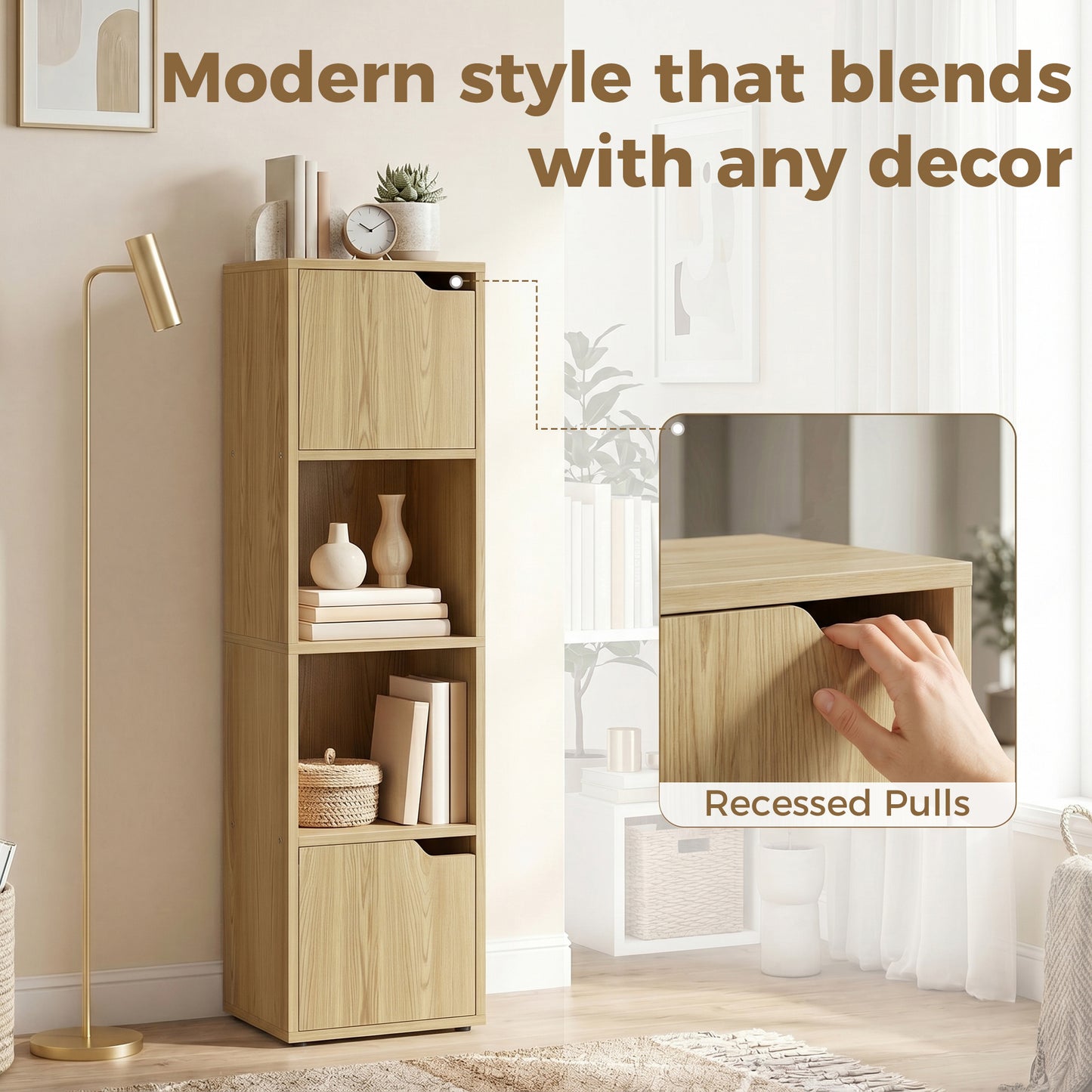 Bookcase with 2 Cabinets and Doors, 4-Tier Bookshelf, Storage Cabinet with Open Shelves and Anti-Tipping Design, for Living Room, Bedroom, Home Office, Oak