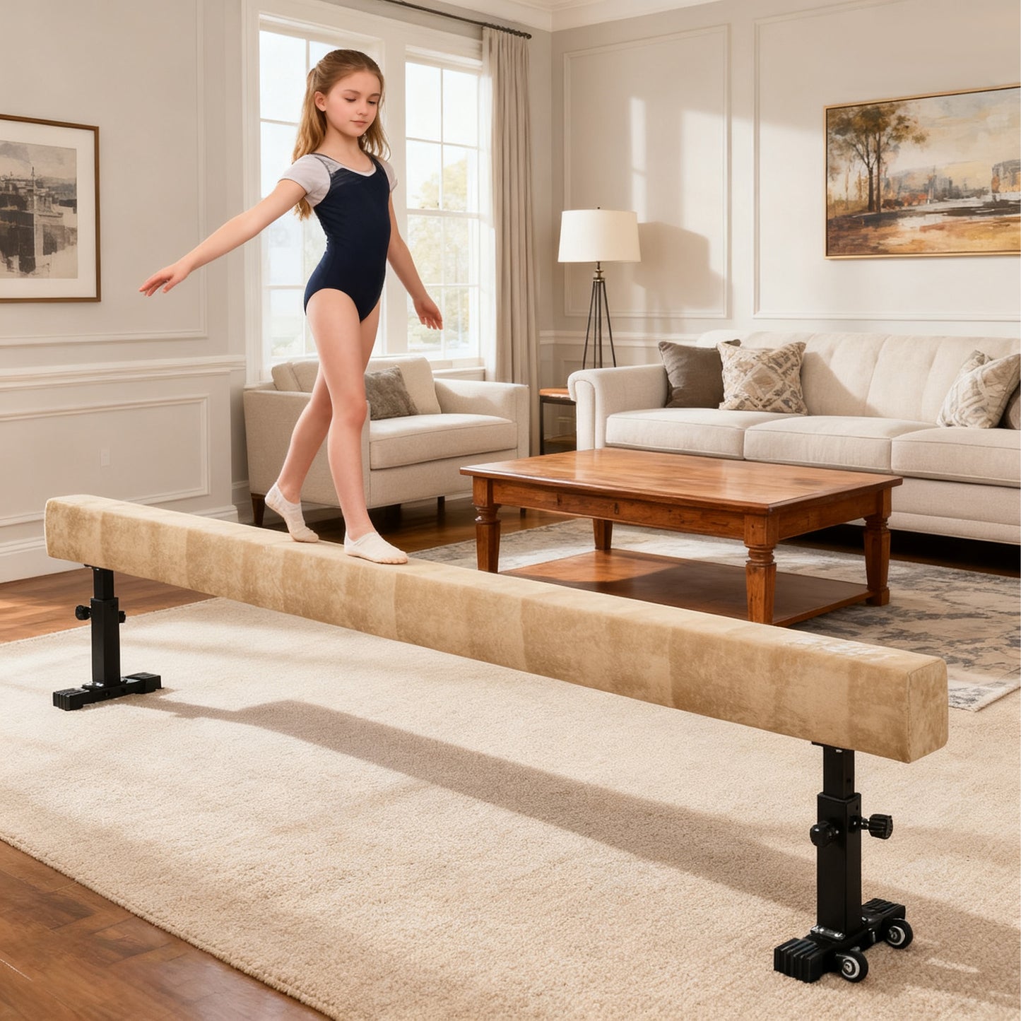 Adjustable Balance Beam Gymnastics Beam with Wheels for 6+ Years