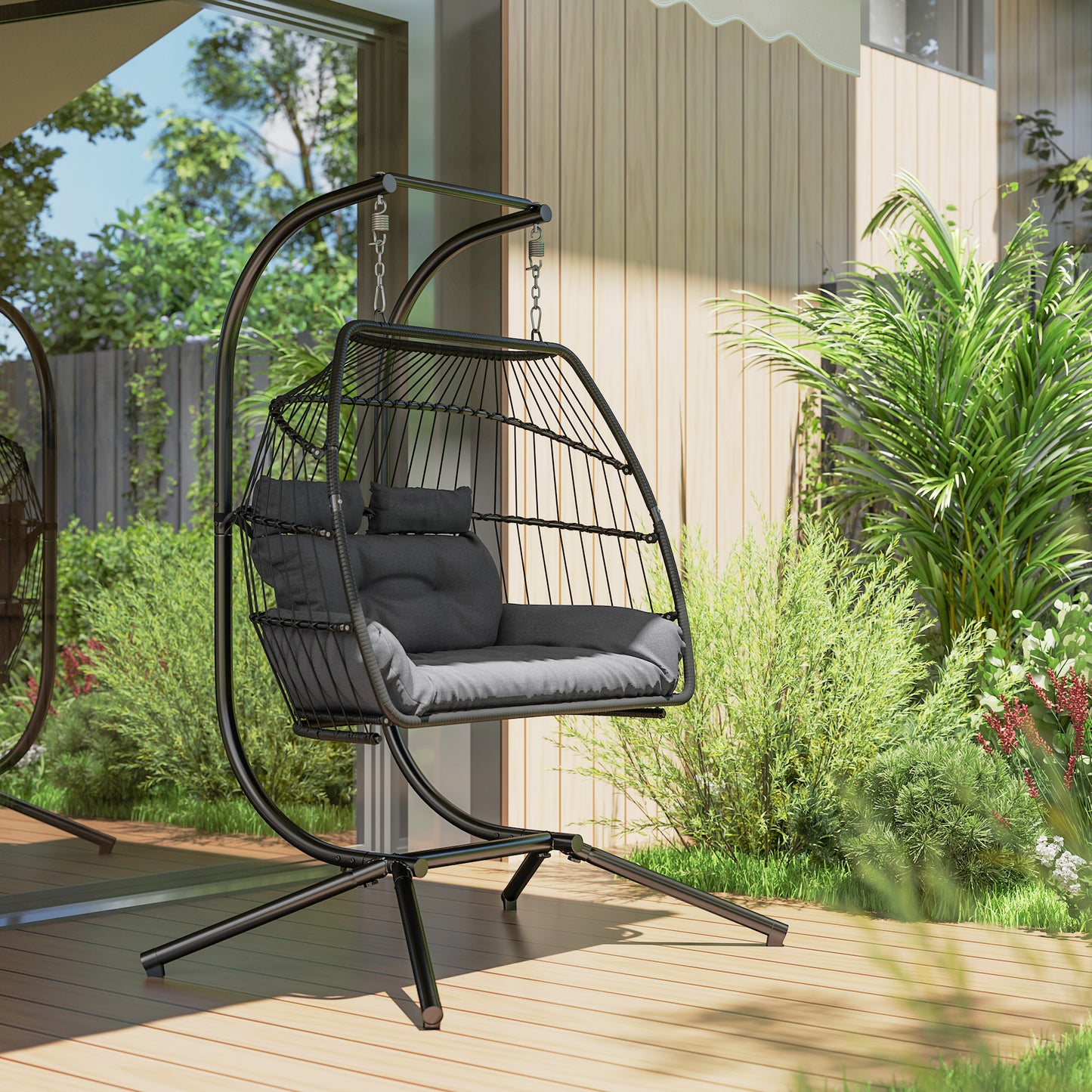 Rattan Double Hanging Egg Chair with Stand, Cushion, Dark Grey