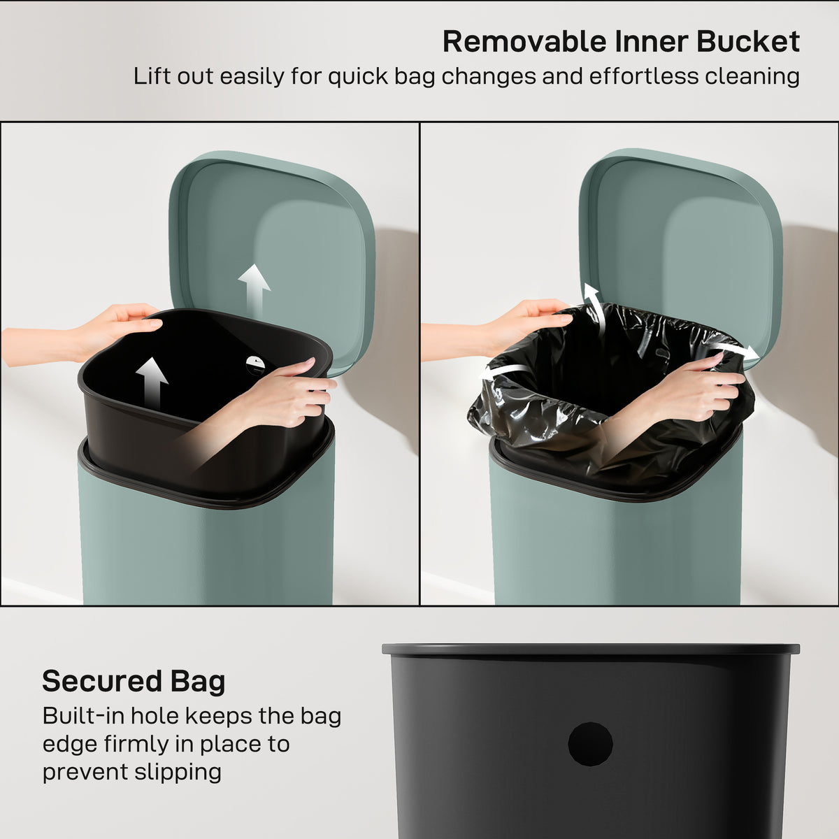 30L Kitchen Bin, Pedal Bin with Lid, Removable Inner Bucket, Green
