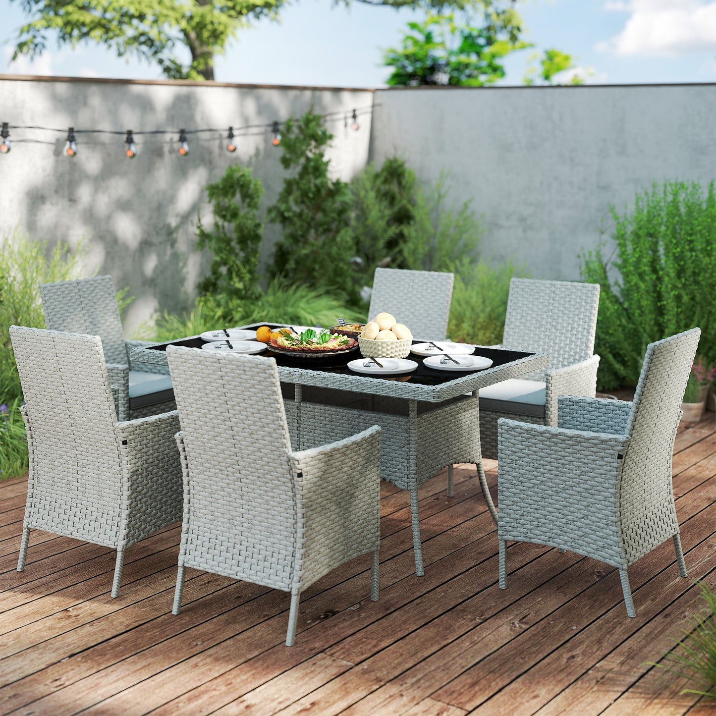 6 Seater Rattan Garden Furniture Set with Cushions, Grey