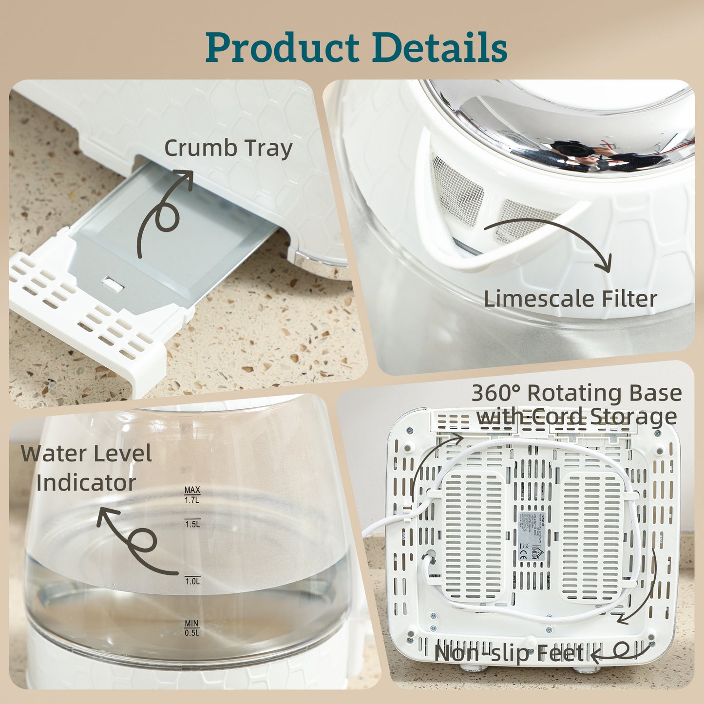 Kettle and Toaster Set with Strix Thermostat, Crumb Tray, Cream