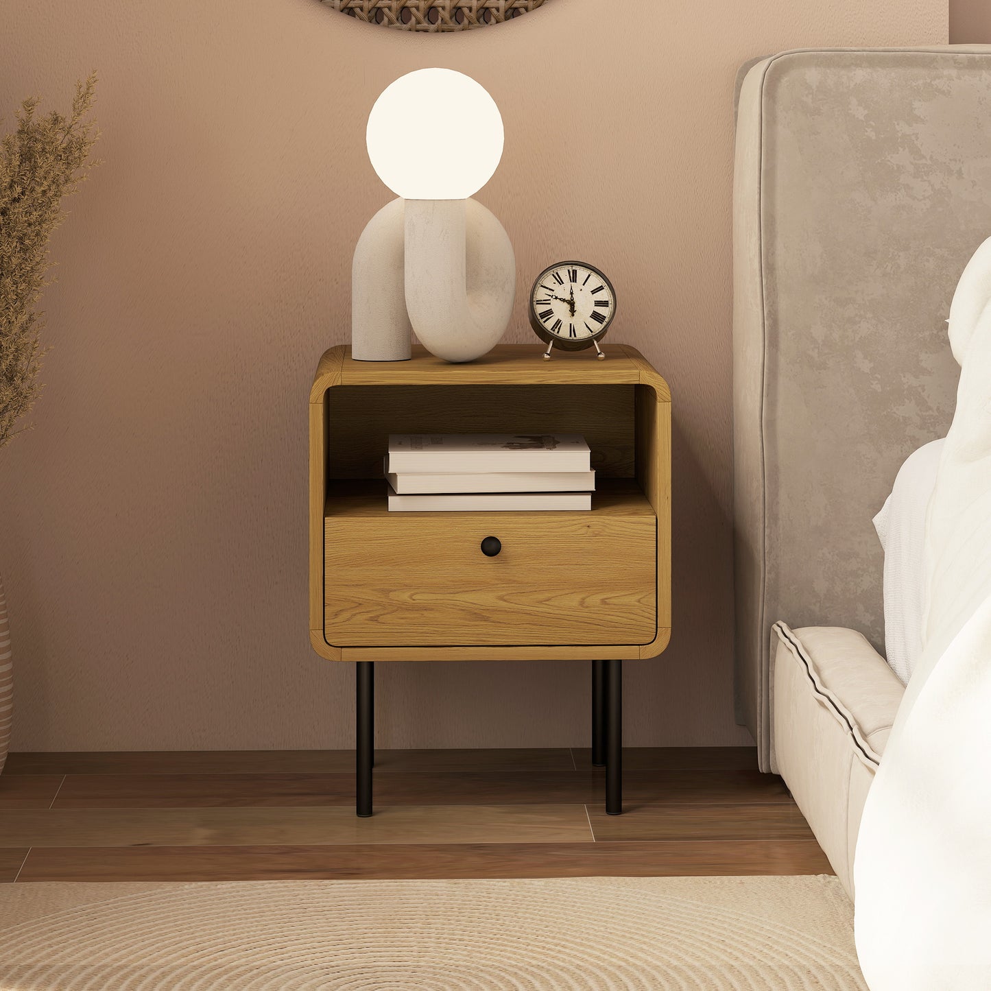 Bedside Table with Drawer and Shelf, Modern Bedside Cabinet, Oak
