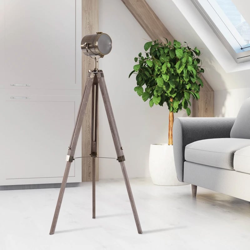HOMCOM Industrial Tripod Floor Lamp, Nautical Searchlight with Adjustable Height, Wood Legs, E12 Lamp Base for Living Room, Bedroom, Grey and Bronze