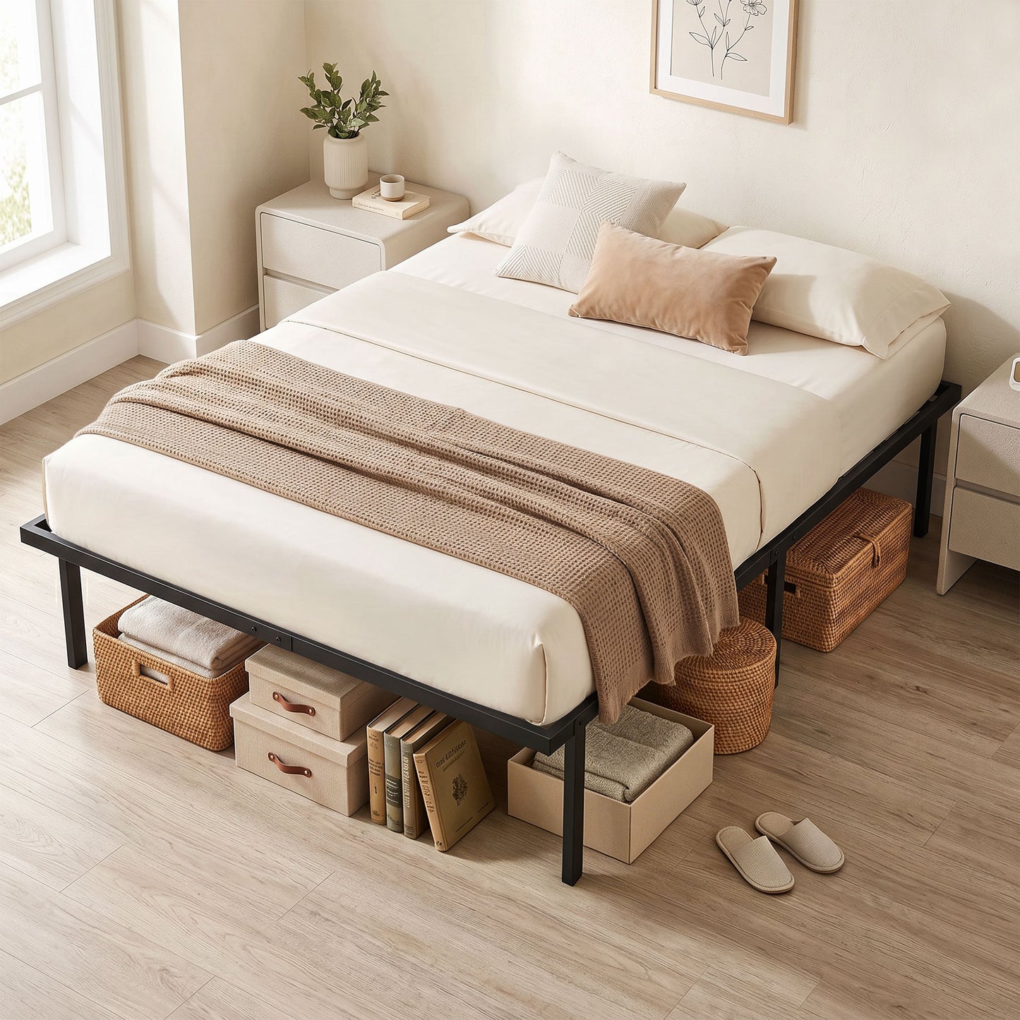 4ft6 Double Bed Frame with Underbed Storage, 35.5 cm Height, Metal Platform Bed Frame with Steel Slat Support, Noise-Free, No Box Spring Needed, Easy Assembly, Black
