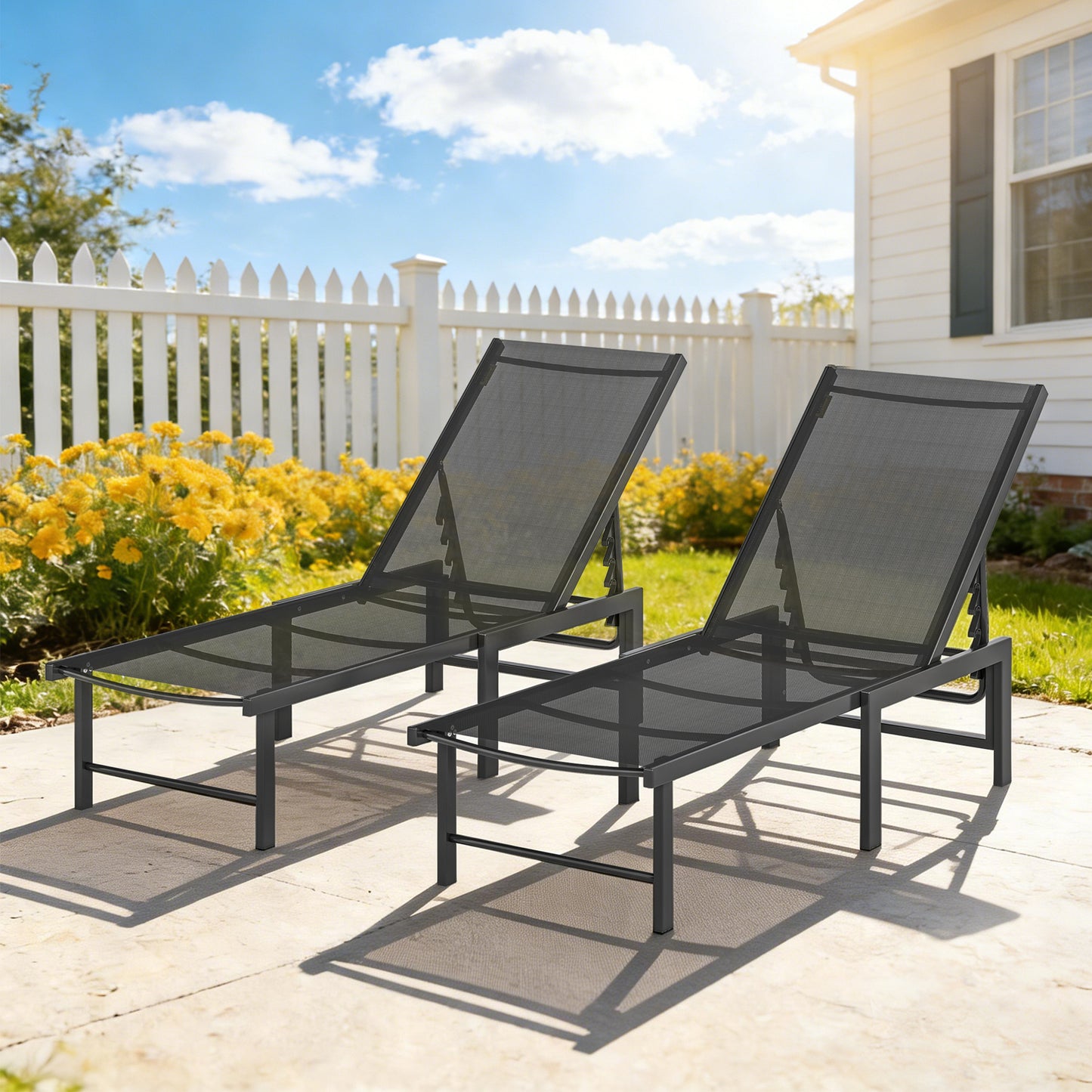 Sun Loungers Set of 2, 5-Level Reclining Sunbeds, Black