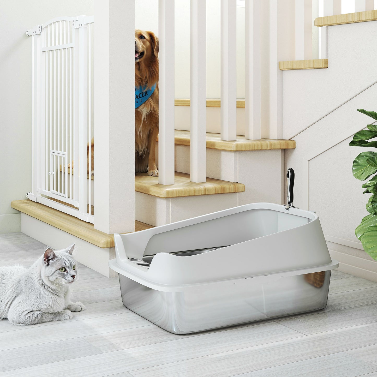 XL Stainless Steel Cat Litter Box with High Sides, 60 x 40 x 30 cm