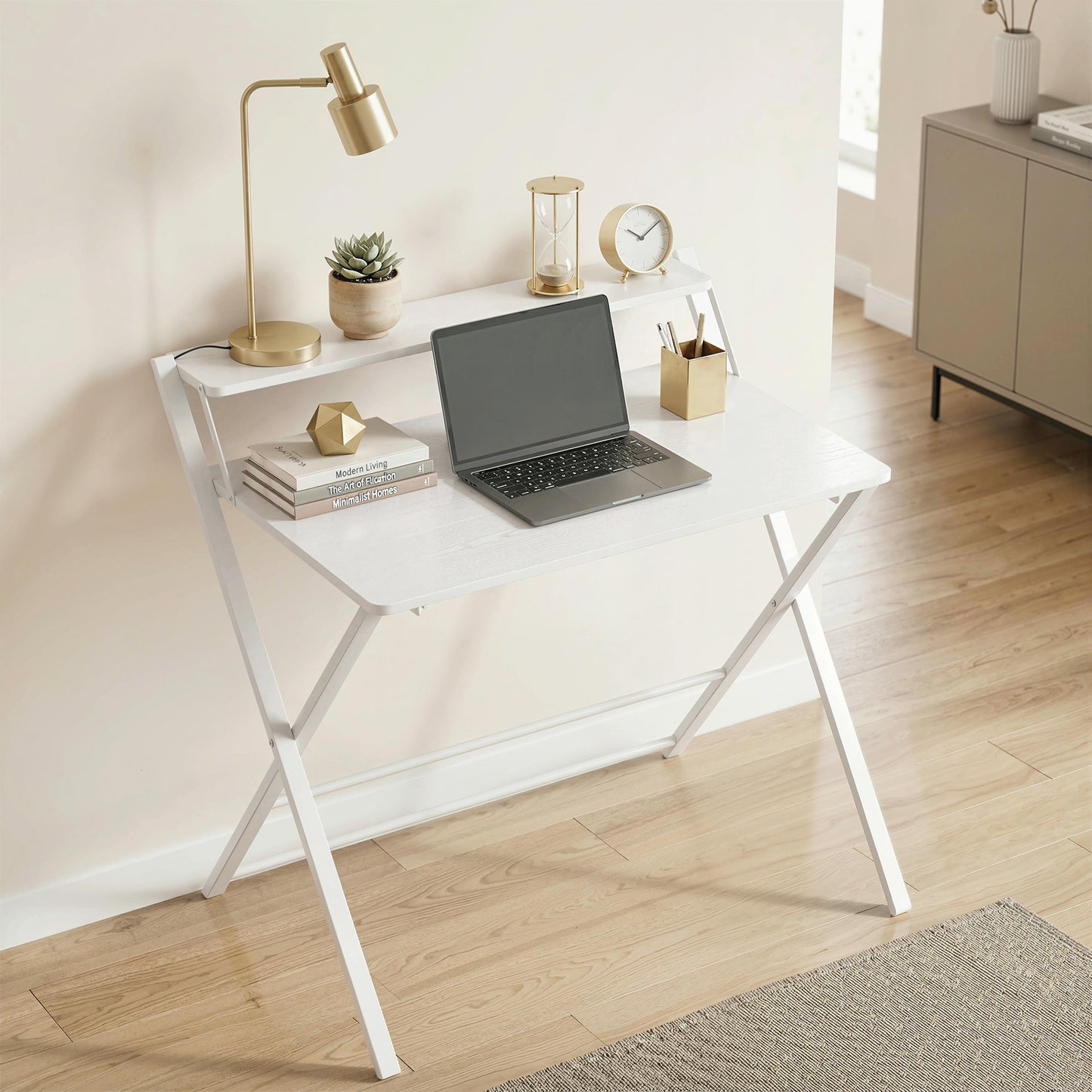 Folding Desk with 2-Tier Shelf for Home Office, White