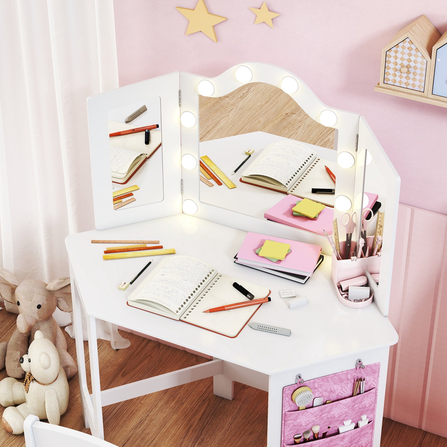 Kids Vanity Table and Stool with Lights, Tri-Folding Mirror, White