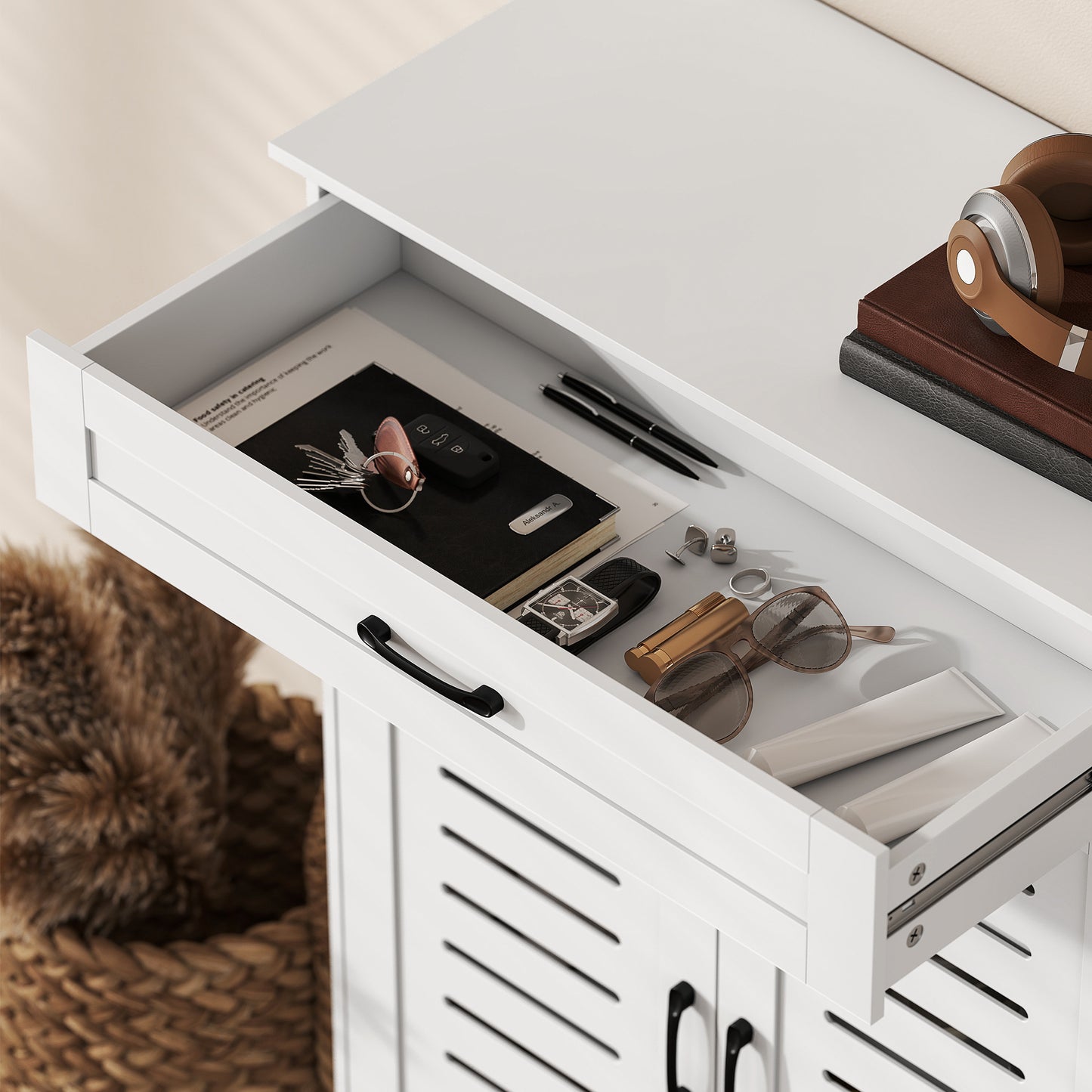 Modern Shoe Storage Cabinet with Louvered Doors and Drawer, White