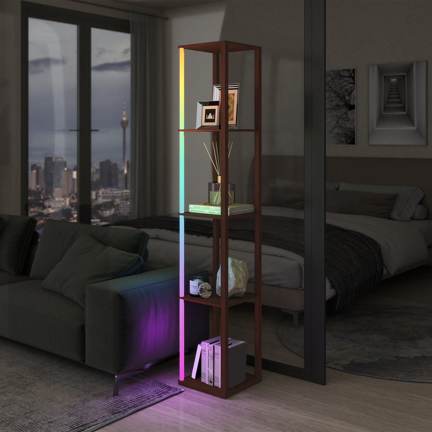 RGB LED Floor Lamp with Shelves and Remote Control for Bedroom, Brown