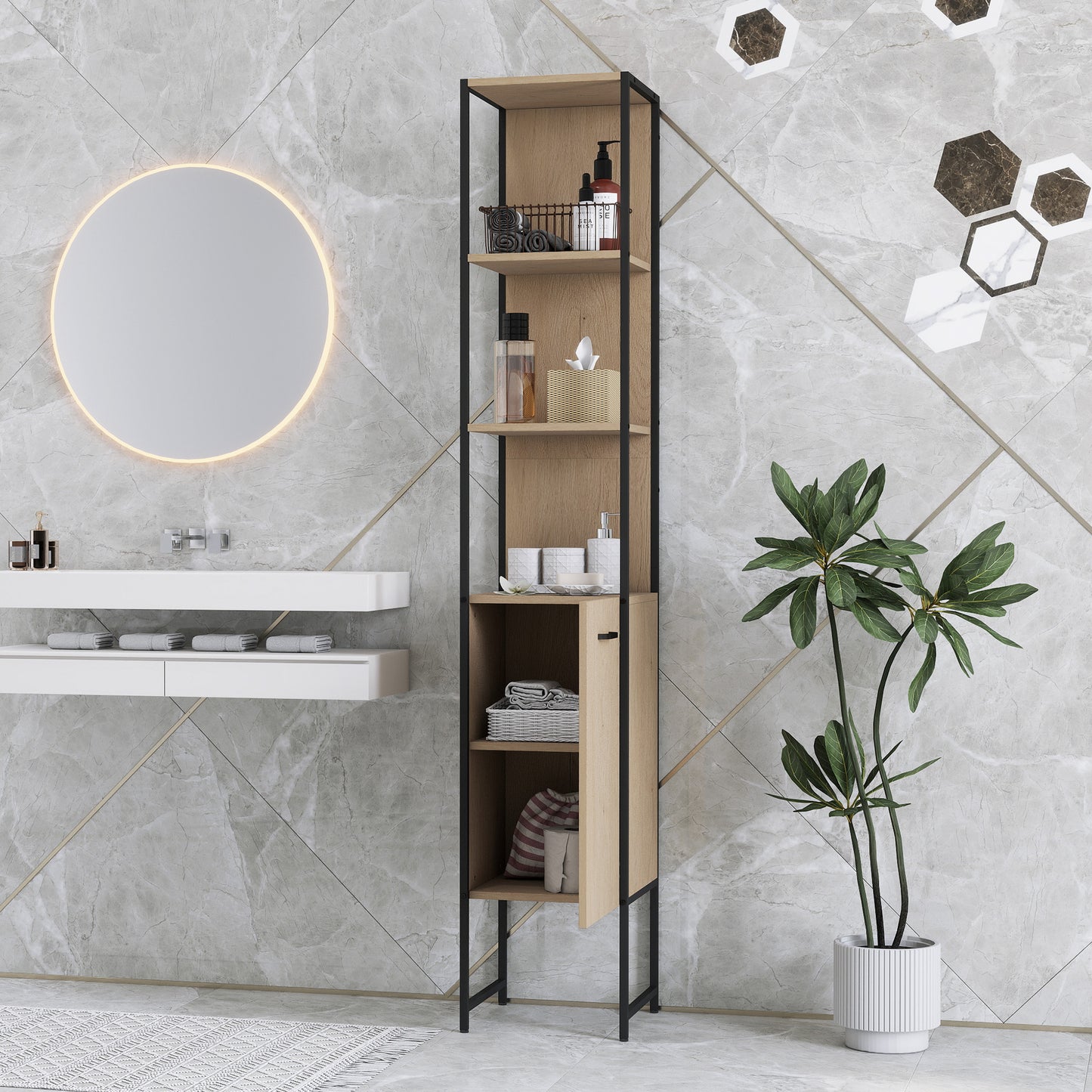 Tall Bathroom Cabinet with 3 Open Shelves Adjustable Shelf, Natural