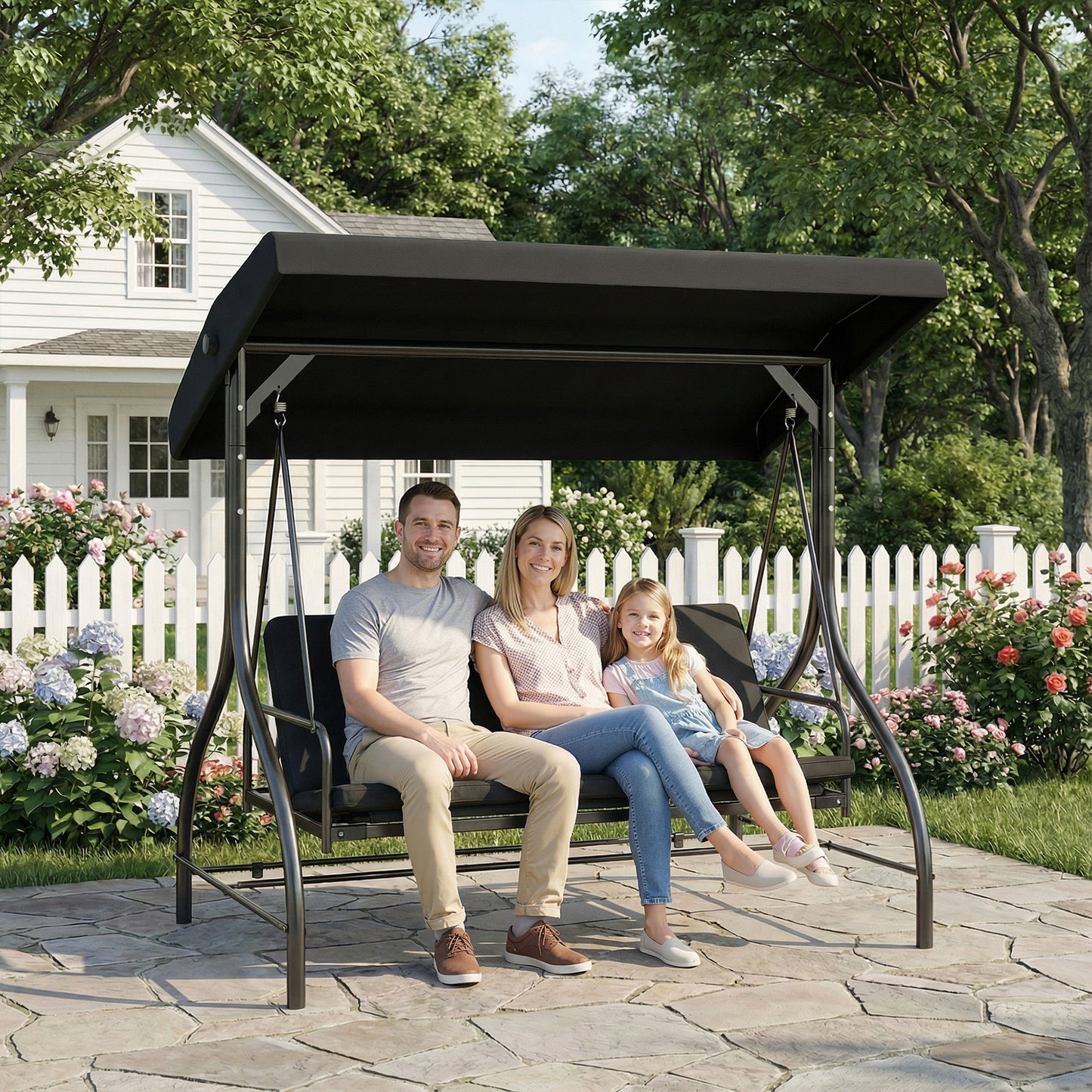 3 Seater Canopy Swing Chair Porch Hammock Bed, Black