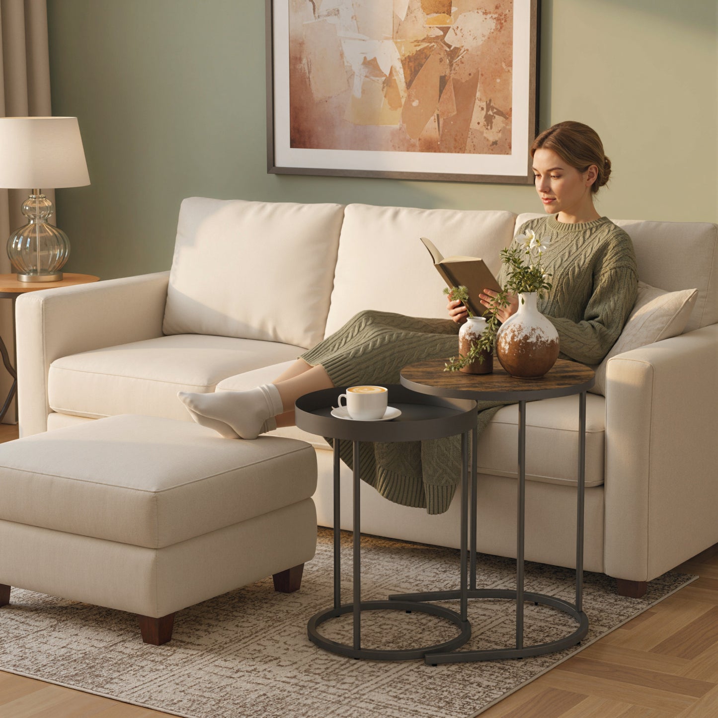 Nesting Side Table Set of 2, Industrial Round Nest of Tables, Brown