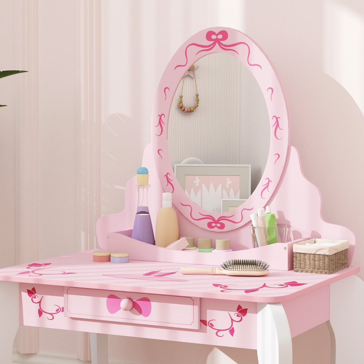 Kids Dressing Table Set, Two-Piece Children Vanity Table with Stool