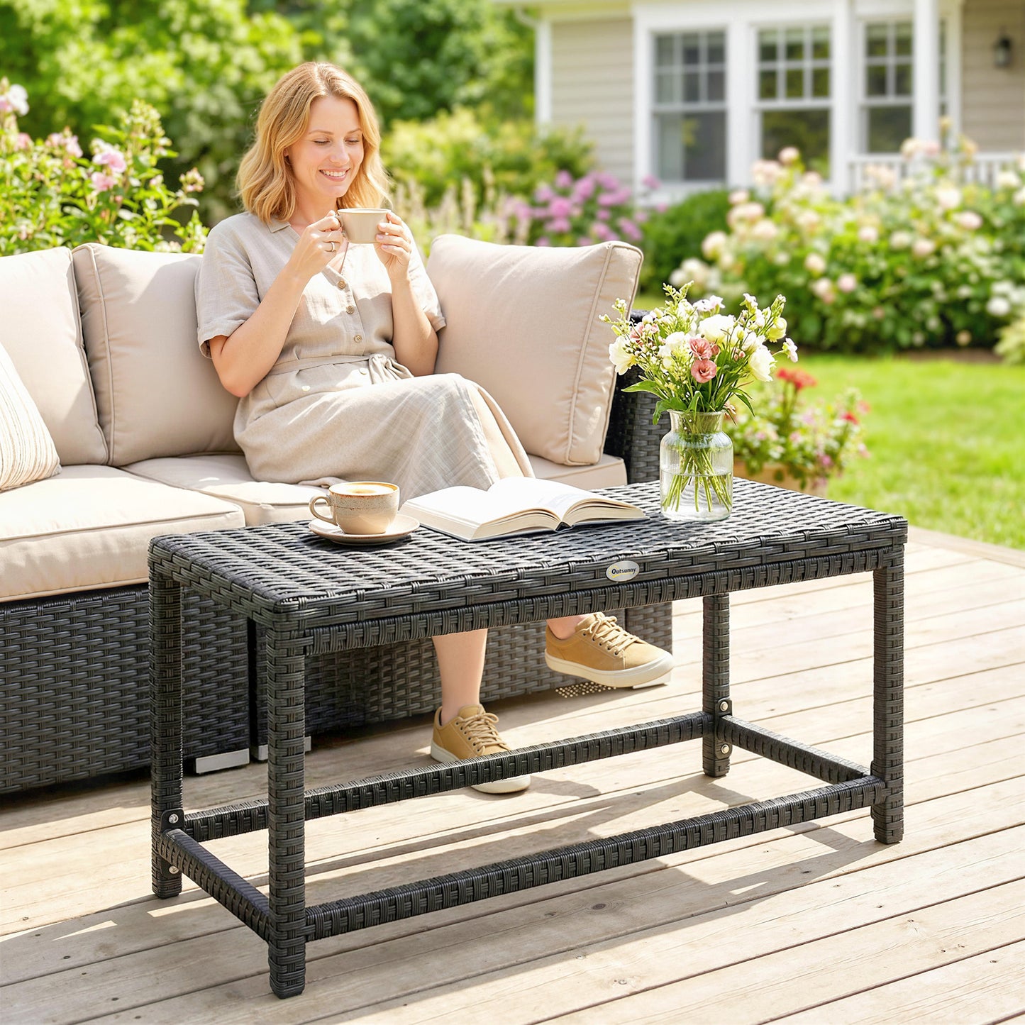 Outdoor Coffee Table, PE Rattan Side Table w/ Plastic Board, Black