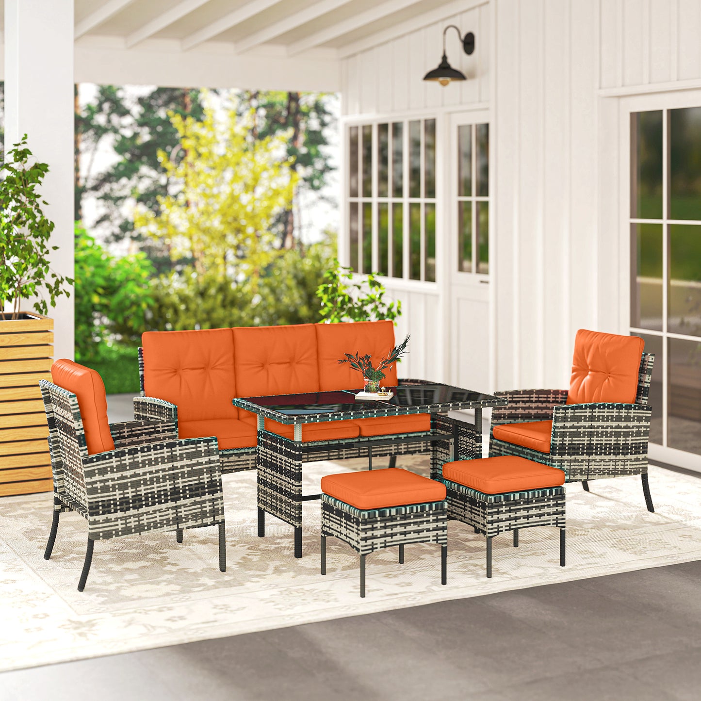 6 Pieces Rattan Garden Furniture Sofa Set with Cushions, Orange