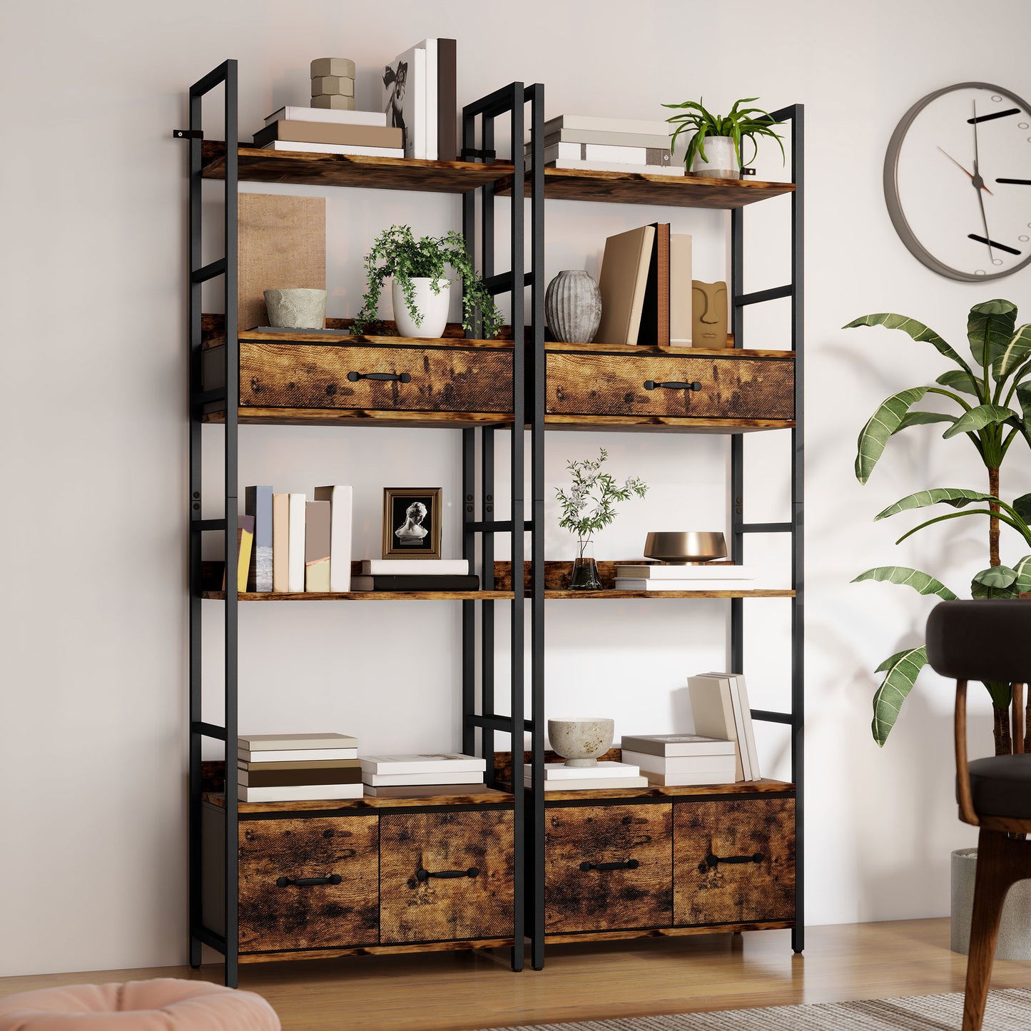 Industrial Bookshelf with 4 Shelves and 3 Fabric Drawers Rustic Brown