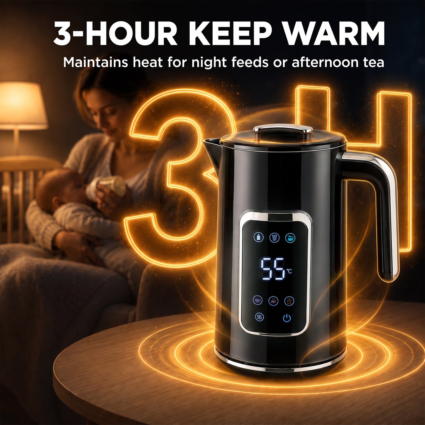 1.7L Fast Boil 3000W Electric Kettle with LED Display, Black