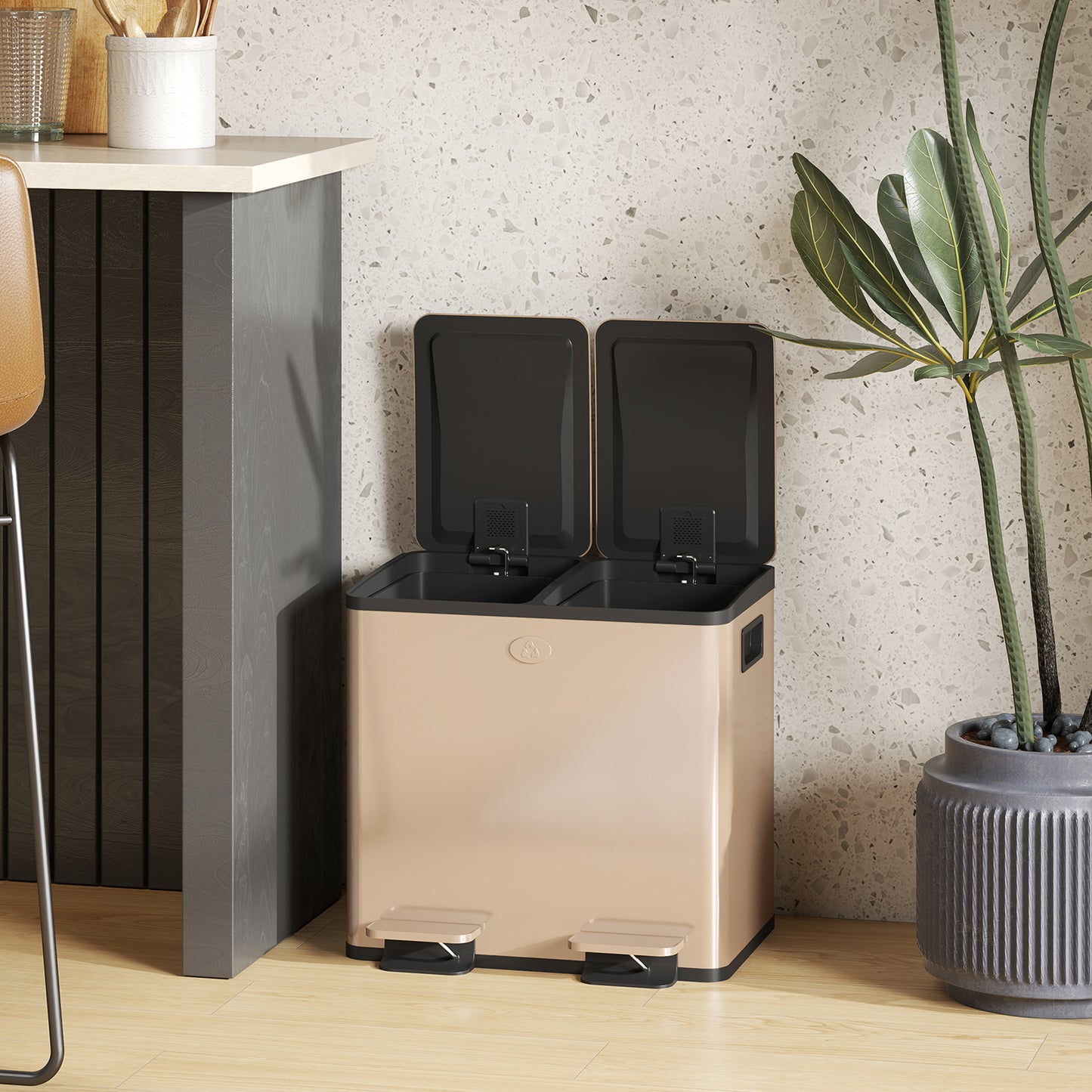 2 x 15L Dual Kitchen Bin Pedal Bin for Recycling and Waste, Gold Tone