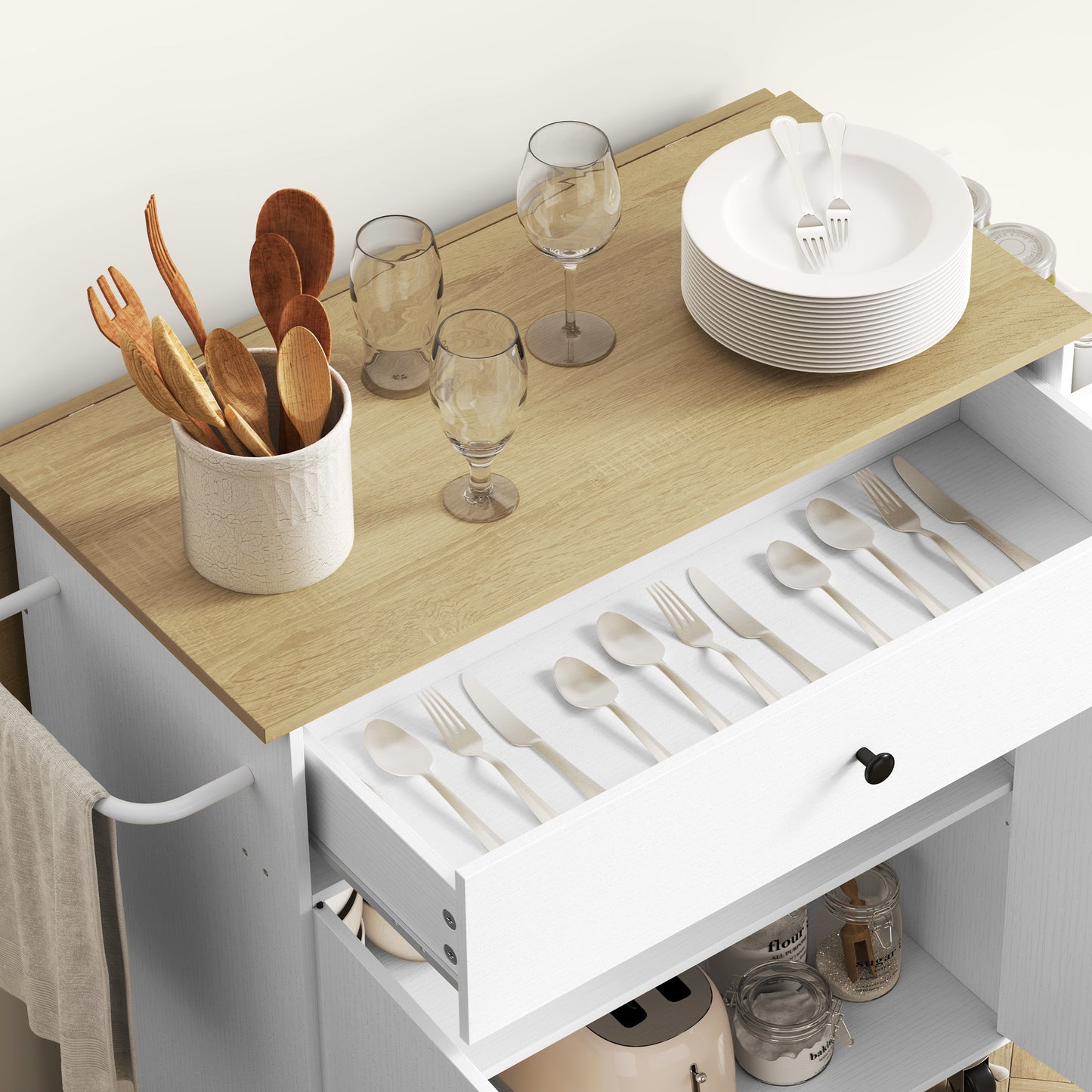 Kitchen Island with Drop Leaf, Rolling Kitchen Storage Trolley, White
