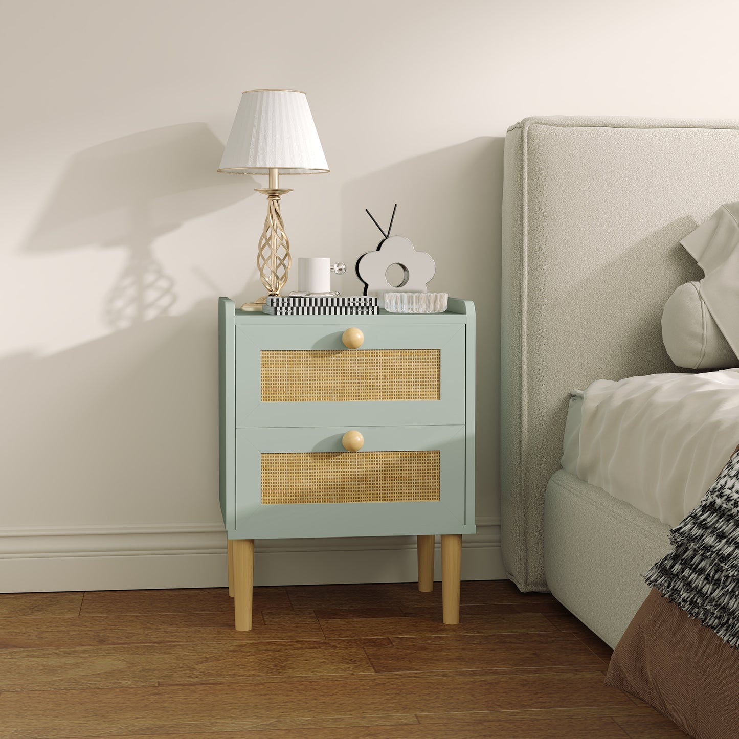 Boho Rattan Bedroom Chest of Drawers, 2 Drawer Dresser, Light Blue
