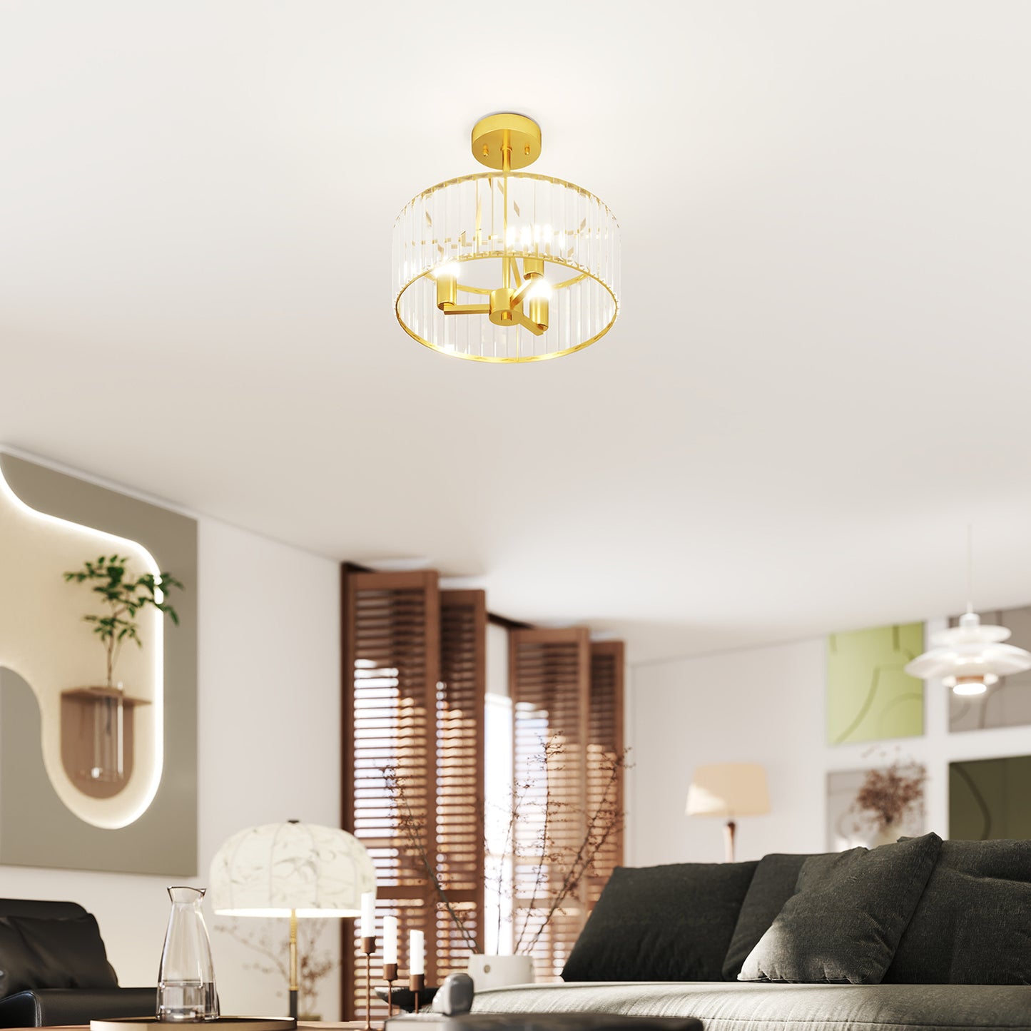 Semi Flush Mount Modern Crystal Chandelier Ceiling Light, Gold Tone