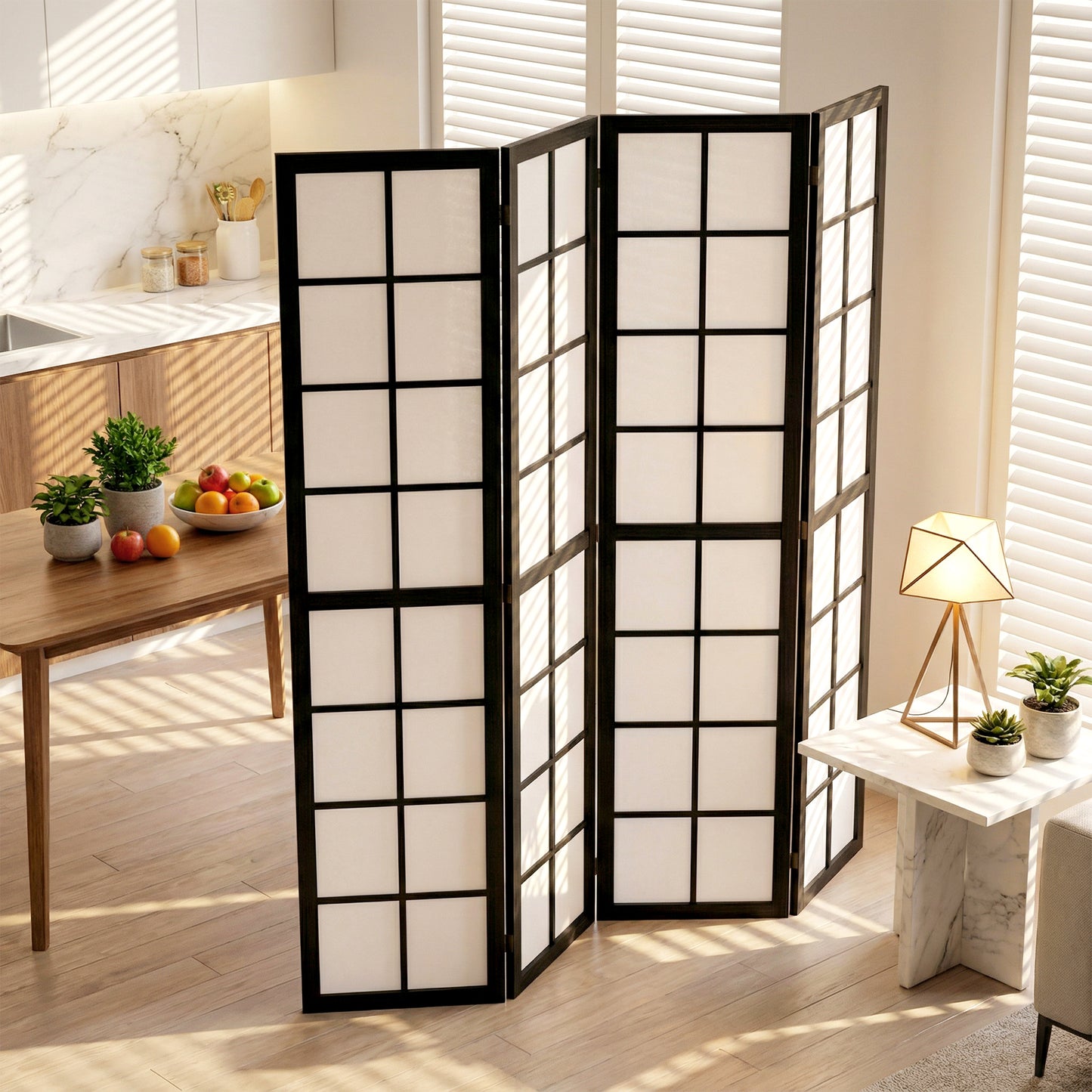 4 Panel Folding Room Divider, Freestanding Privacy Screen, Indoor Room Partition for Living Room, Bedroom and Office, 160 x 170cm, Black