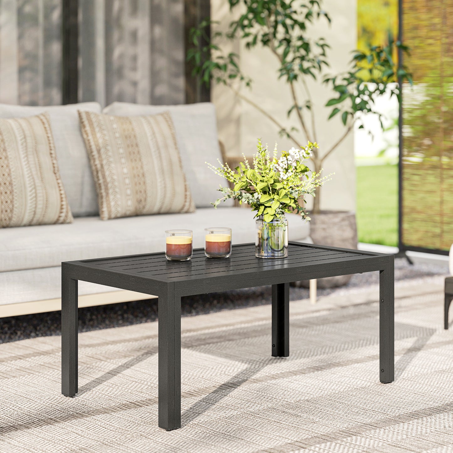 Outdoor Side Table Garden Table with Steel Frame and Slat Top Grey Wood