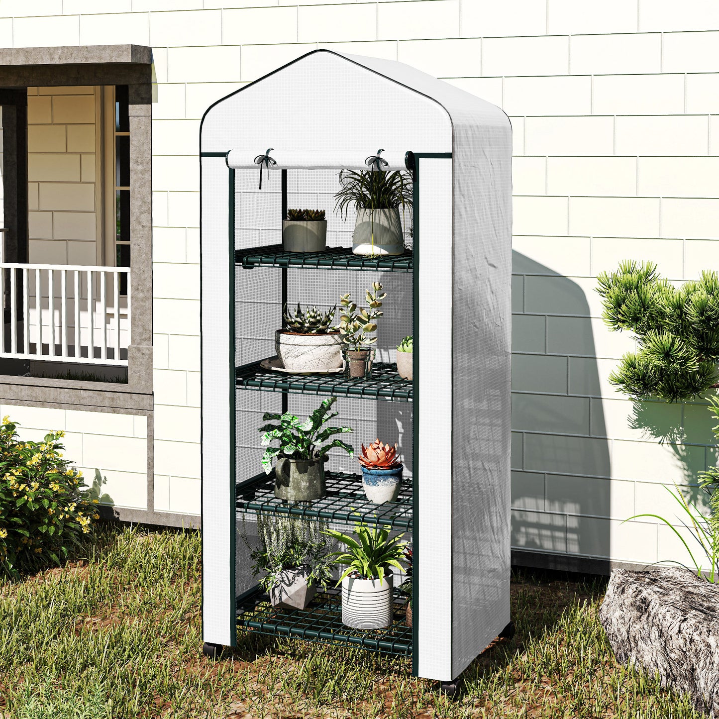 4 Tiers Mini Portable Greenhouse Compact Plant Grow Shed Metal Frame Transparent Clear Cover 165H x 69L x 50W cm, White