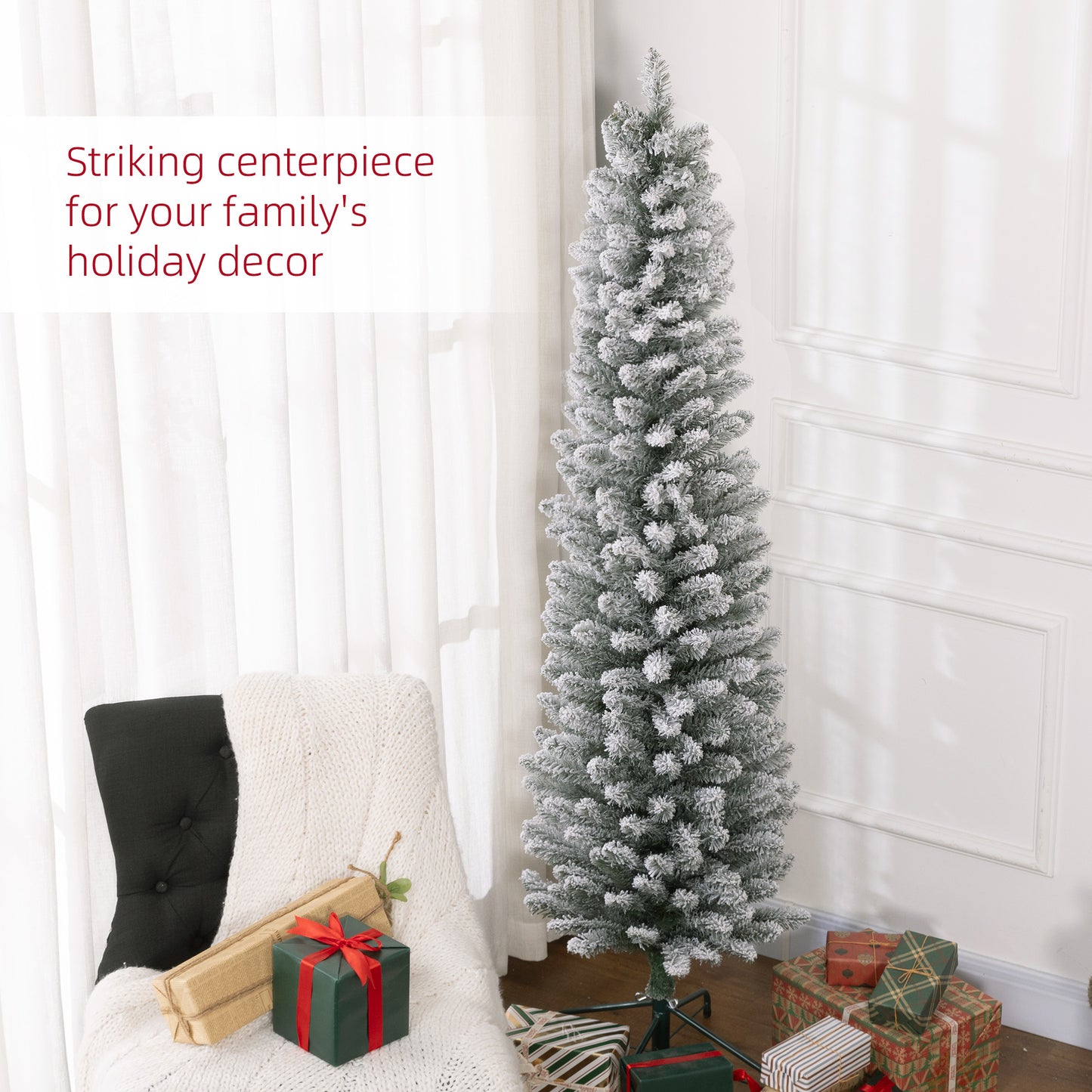 6 Foot Artificial Pencil Christmas Tree with Snow Flocked Tips, White
