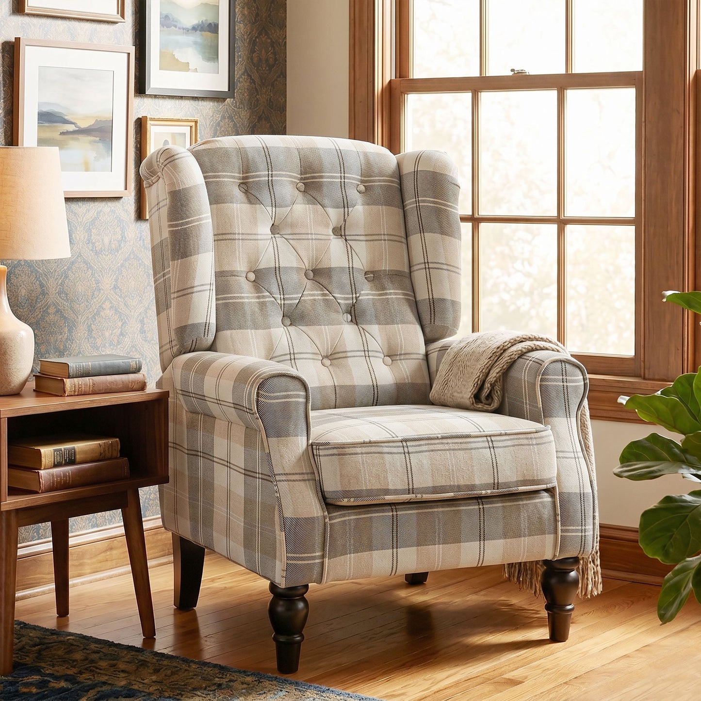 Accent Chair Wingback Armchair Retro Tufted, Khaki Plaid