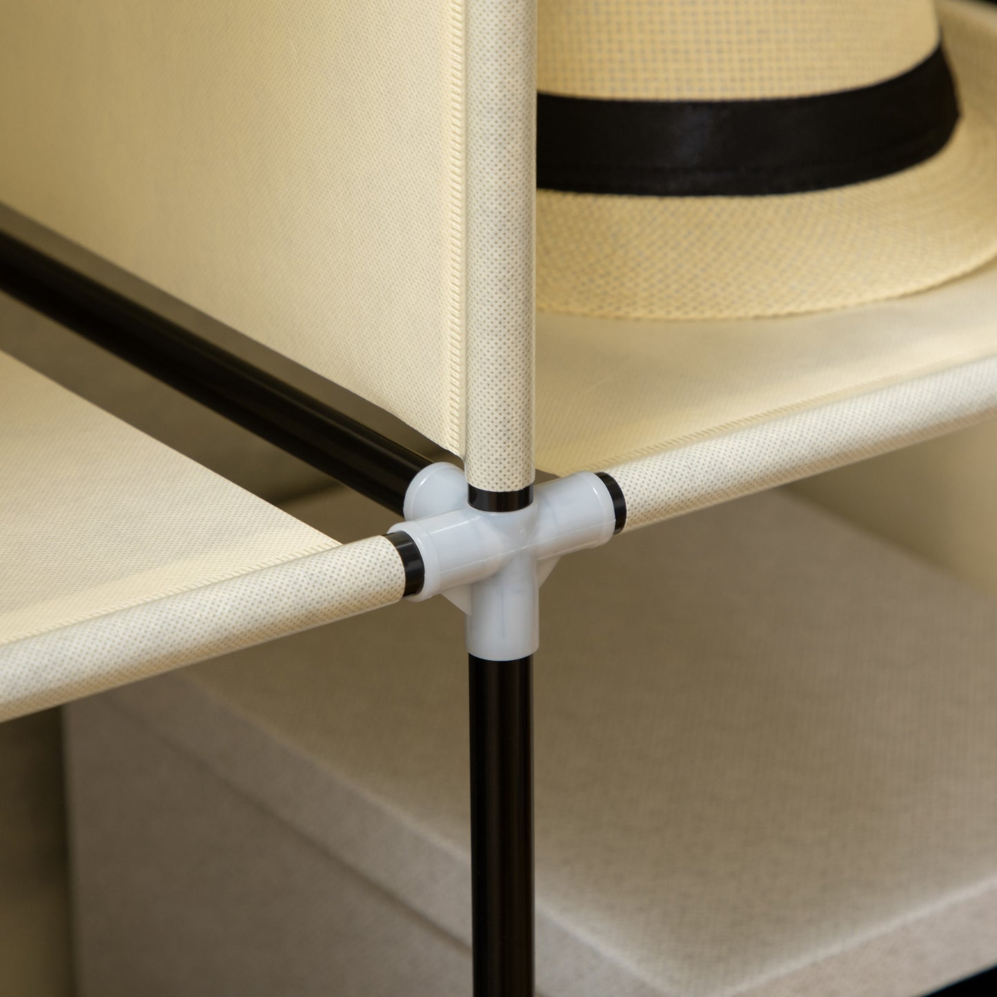 Fabric Portable Wardrobe with 8 Shelves 2 Hanging Rails, Cream White