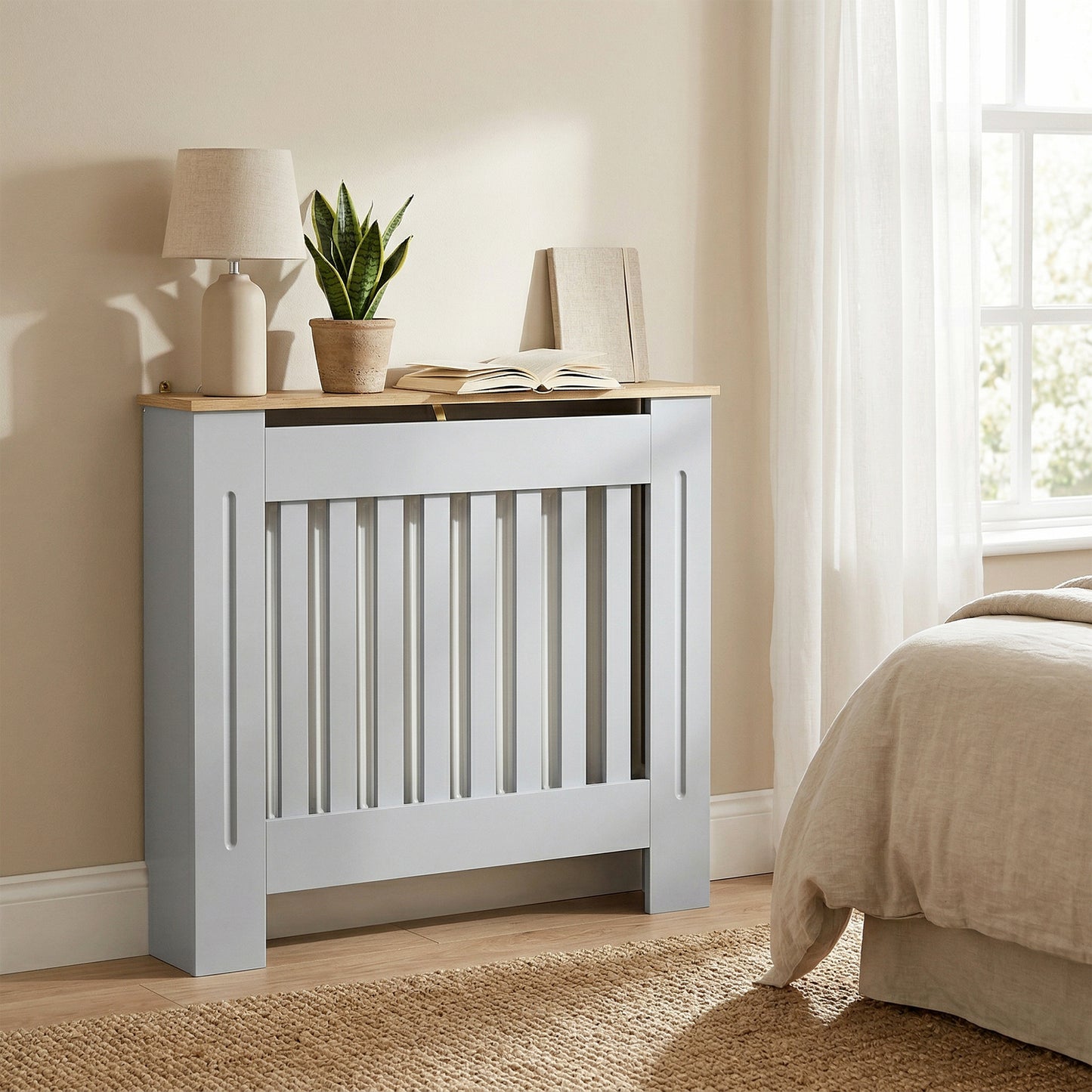 Radiator Cover Wooden Cabinet Vertical Slatted Vent MDF Grey Home