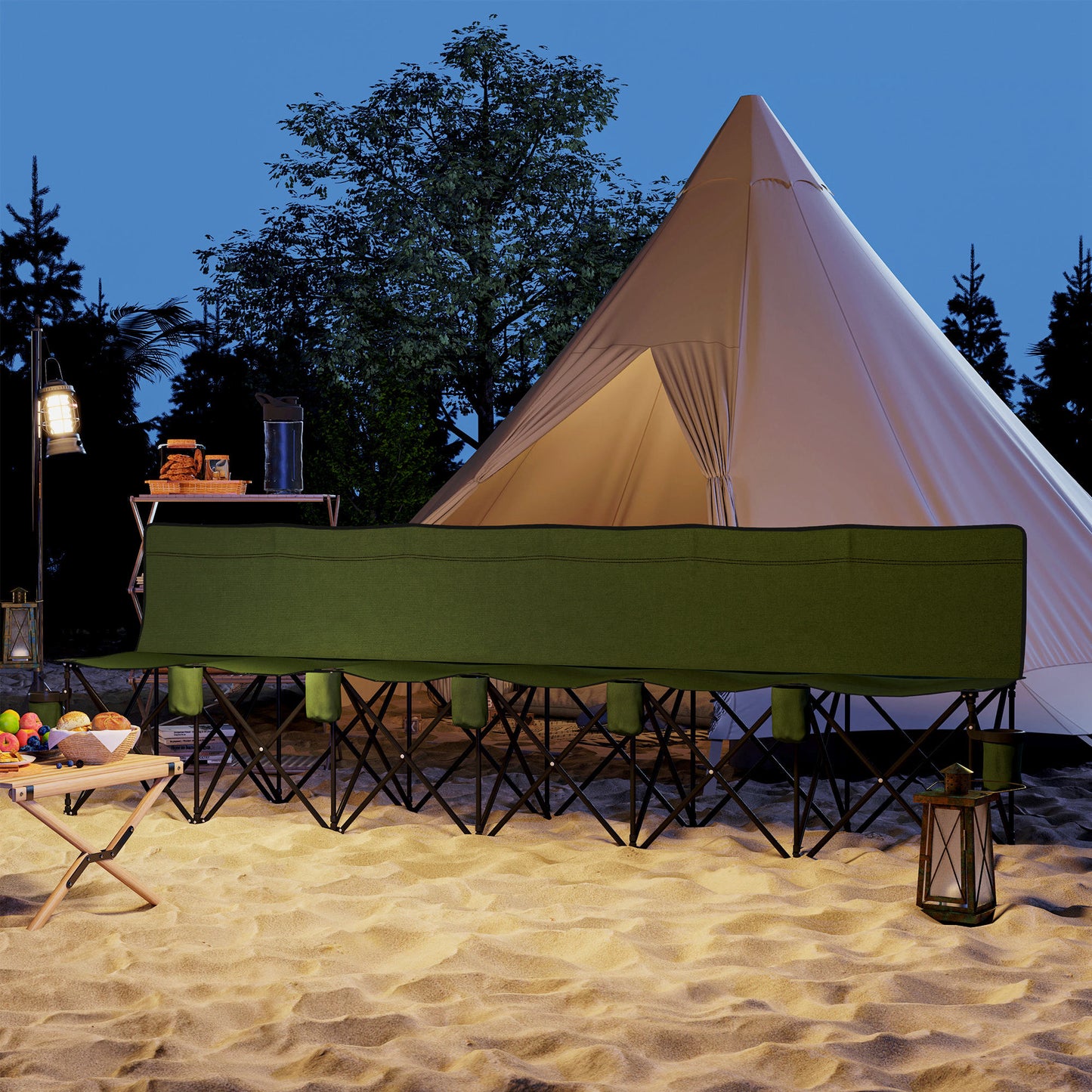 6 Seater Folding Bench Camping Chair with Cup Holder, Green