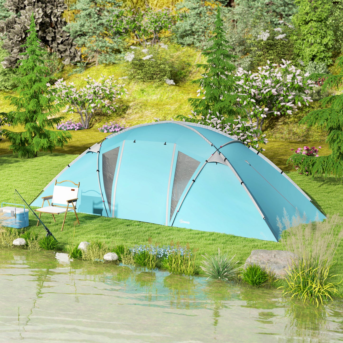 4-6 Man Family Camping Tent w/ 2 Bedrooms, a Living Room, Blue