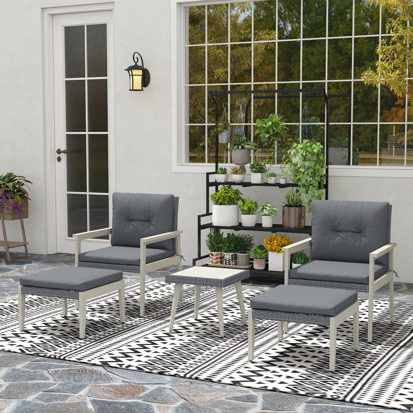 5 Pieces Rattan Patio set with Acacia Wood Top Coffee Table