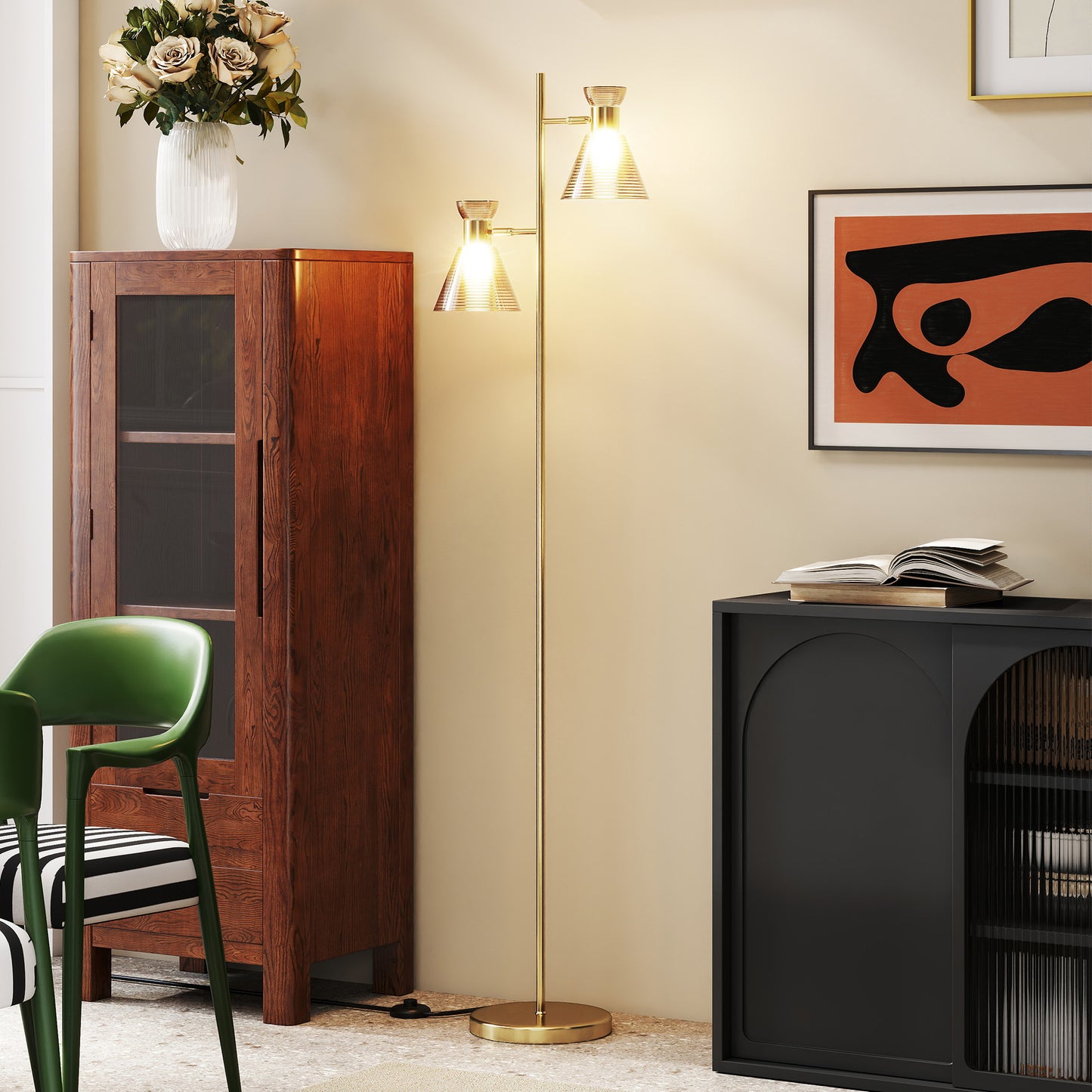 Standing Lamp with Adjustable Dual Head, Modern Floor Lamp, Gold Tone