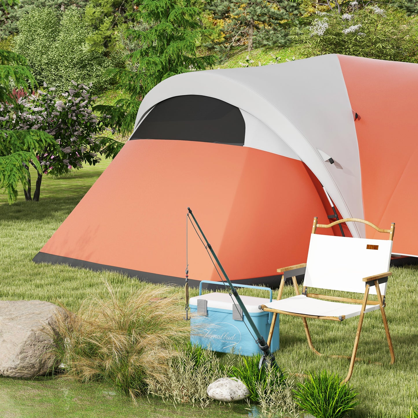 3000mm Waterproof Camping Tent w/ Porch & Sewn in Groundsheet, Orange