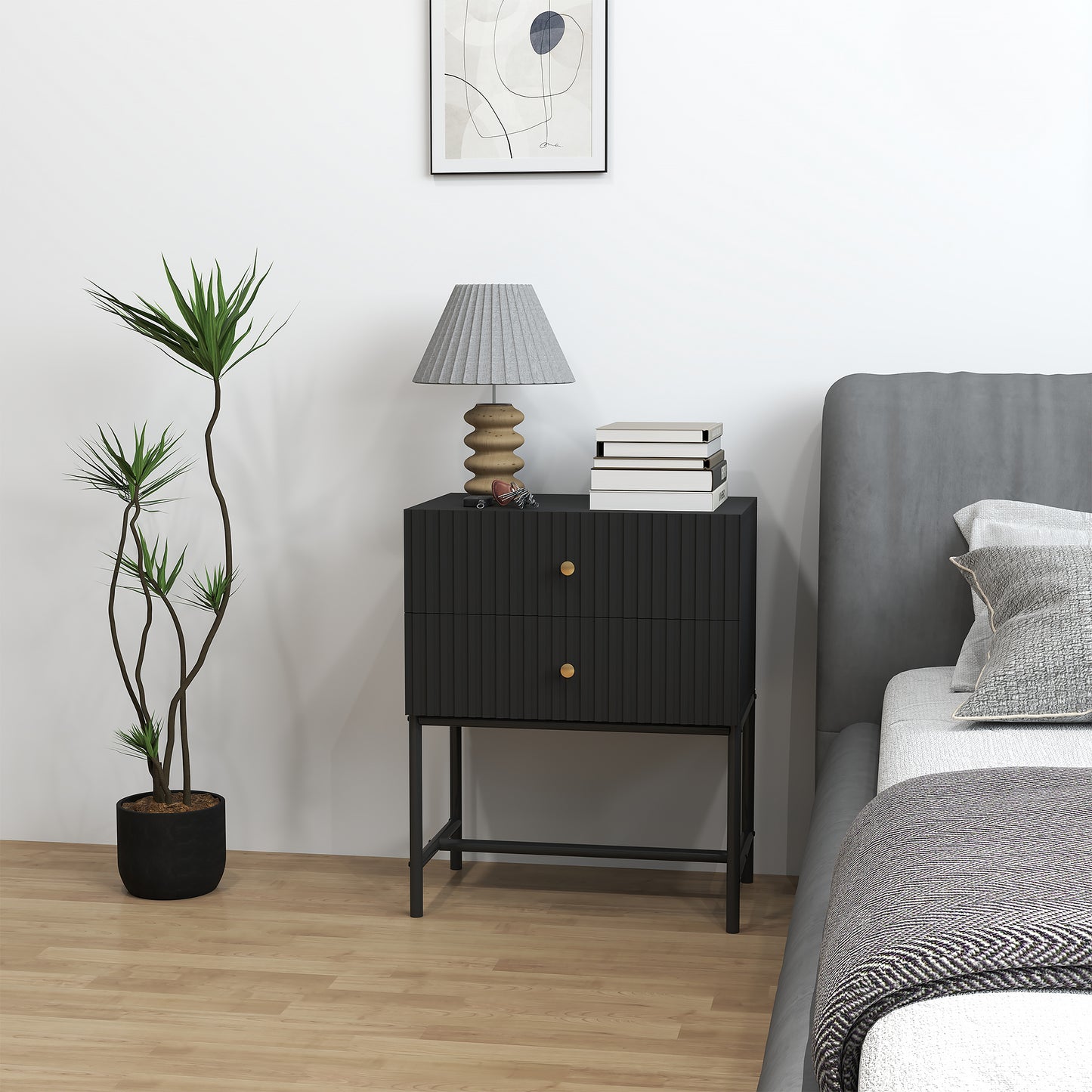 Modern Bedside Table with 2 Drawers for Bedroom, Black