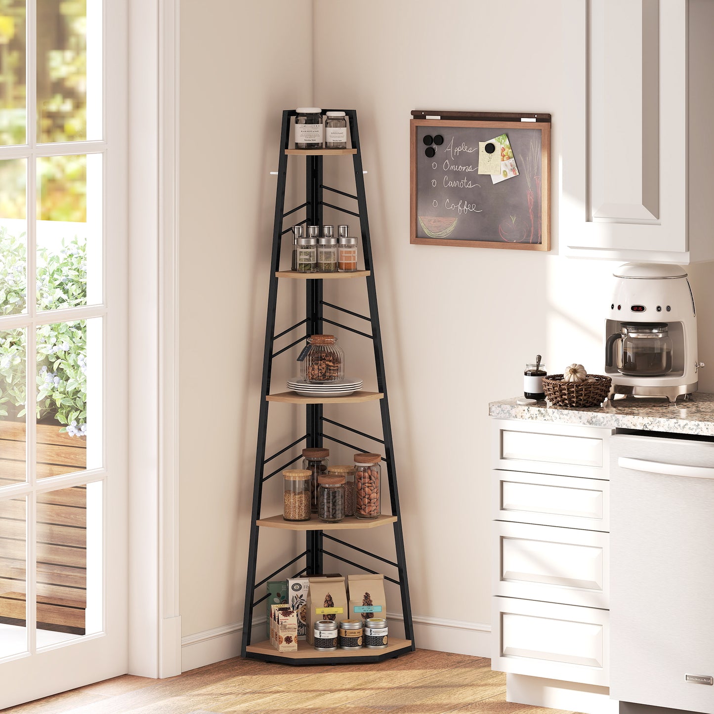 5-Tier Corner Bookcase, Floor Standing Shelving Unit, Natural